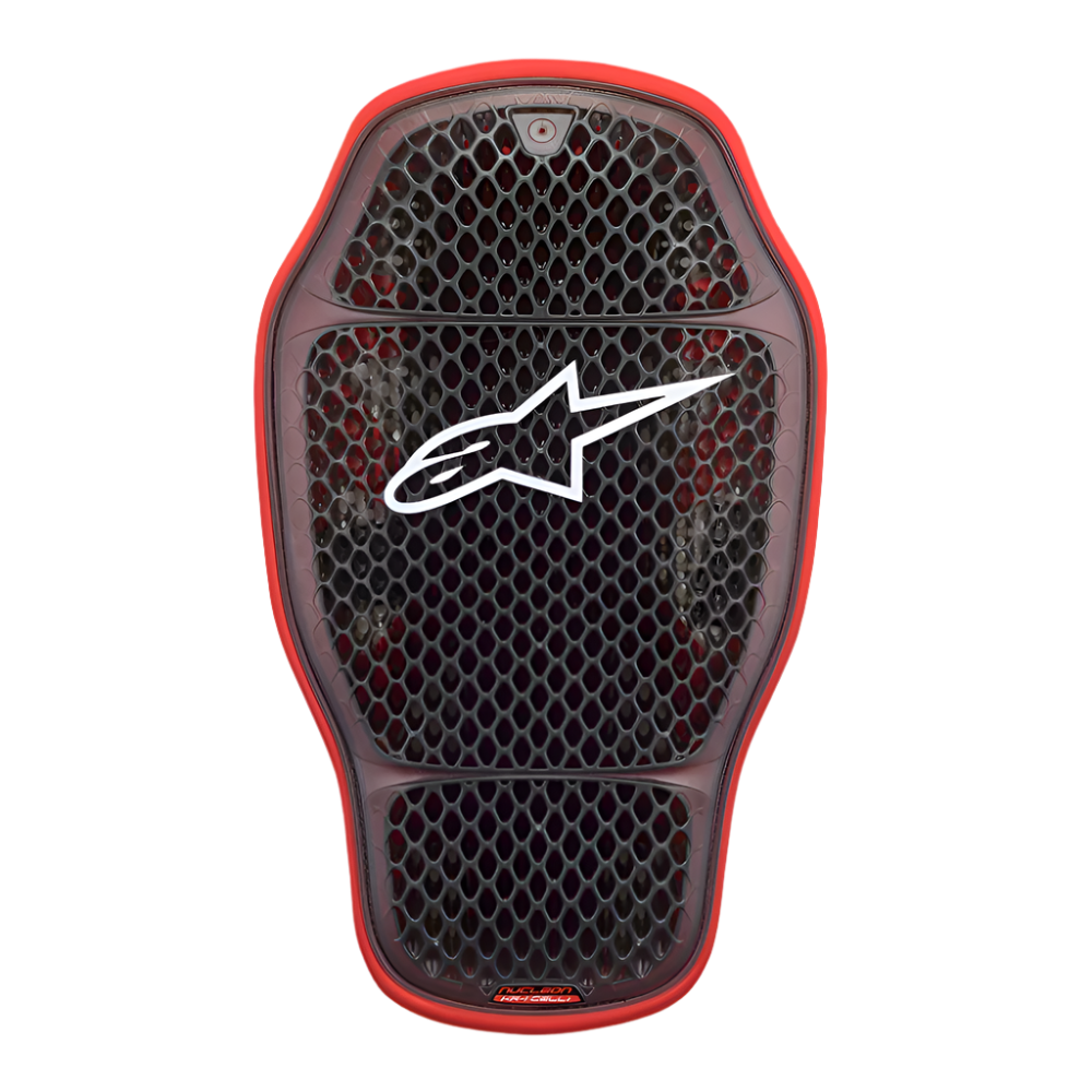Alpinestars Nucleon KR-1 Cell i Back Protector, Transparent Smoke Red, struttura a nido d'ape nera con bordo esterno rosso, logo Alpinestars bianco, forma curva ergonomica per una protezione dorsale ventilata da moto