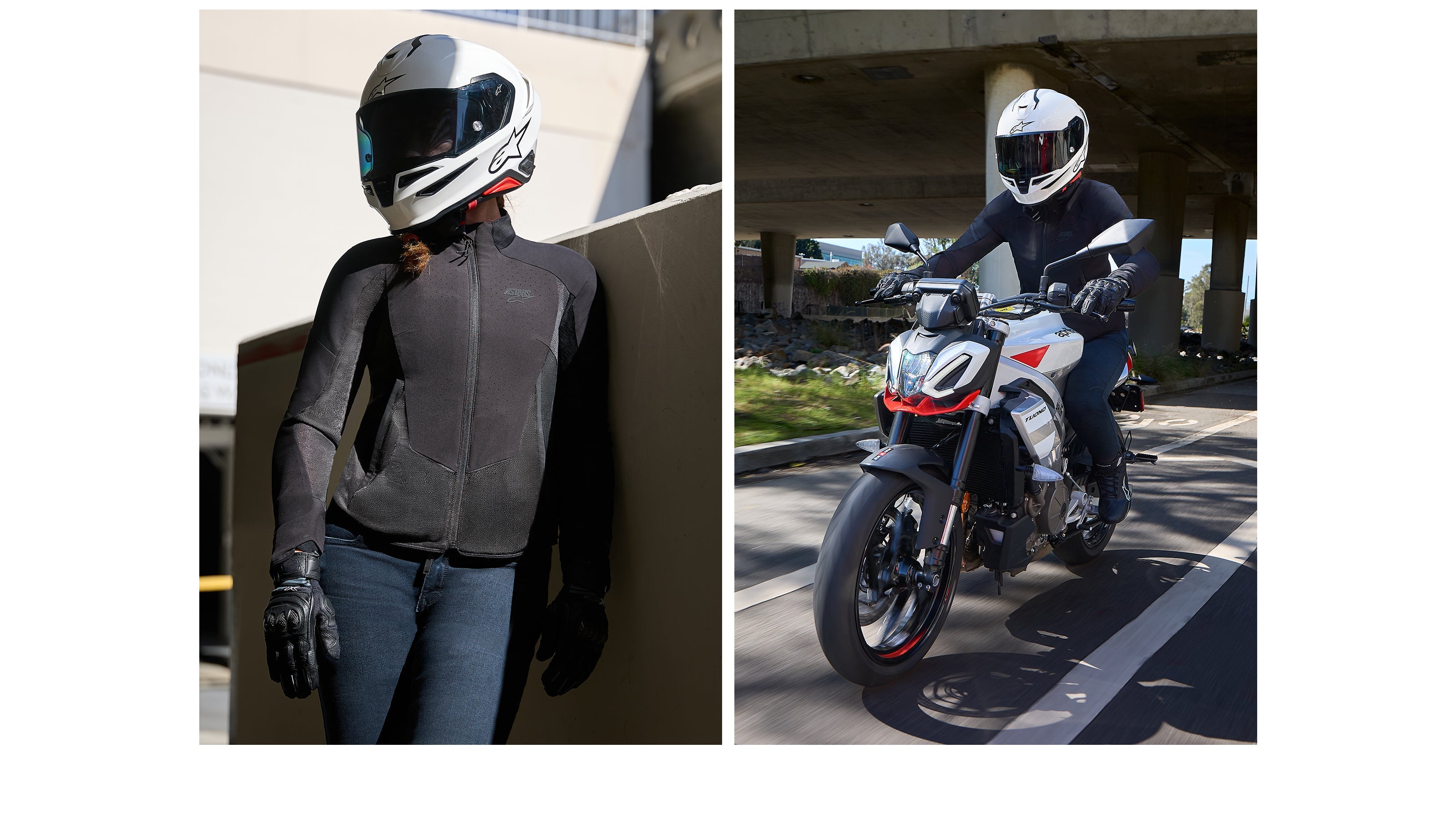 Alpinestars Stella Aeroshell Airflow Jacket, Women's Black Road Riding Jacket with perforated panels, worn on a motorcycle.