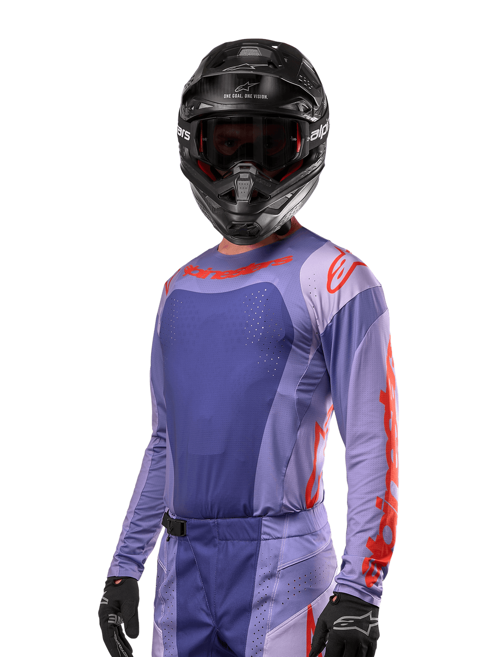 Alpinestars 2024 Techstar Ocuri Jersey, maglia da motocross, viola e arancione acceso, a maniche lunghe con traforature laser per la ventilazione, vestibilità racing atletica, indossata con casco e guanti da motocross neri