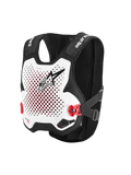 Alpinestars Tech-Air® MX System, gilet airbag autonomo per fuoristrada, bianco e nero, piastra pettorale bianca traforata con logo nero, fibbie laterali rosse, telaio in rete elasticizzata nera, protezione avanzata per motocross e supercross