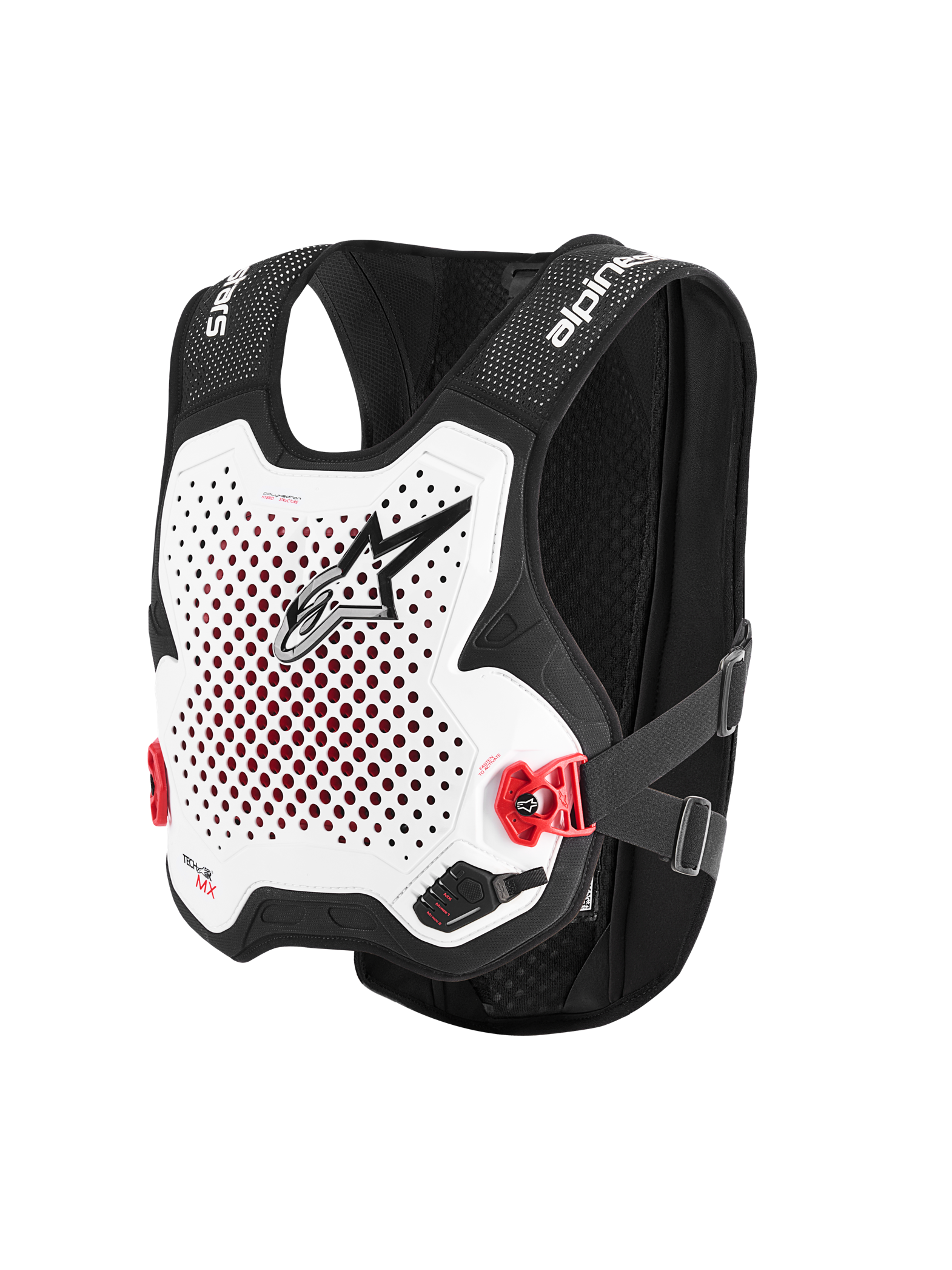 Alpinestars Tech-Air® MX System, gilet airbag autonomo per fuoristrada, bianco e nero, piastra pettorale bianca traforata con logo nero, fibbie laterali rosse, telaio in rete elasticizzata nera, protezione avanzata per motocross e supercross