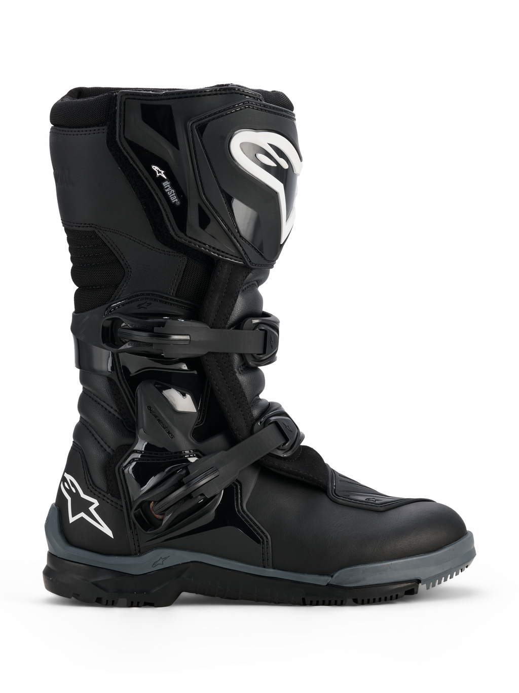 Alpinestars Corozal V2 Adventure Drystar® Boots, stivale da moto adventure nero, con loghi Alpinestars bianchi su stinco e tallone, due fibbie in polimero regolabili, costruzione multi-materiale resistente per guida su ogni terreno