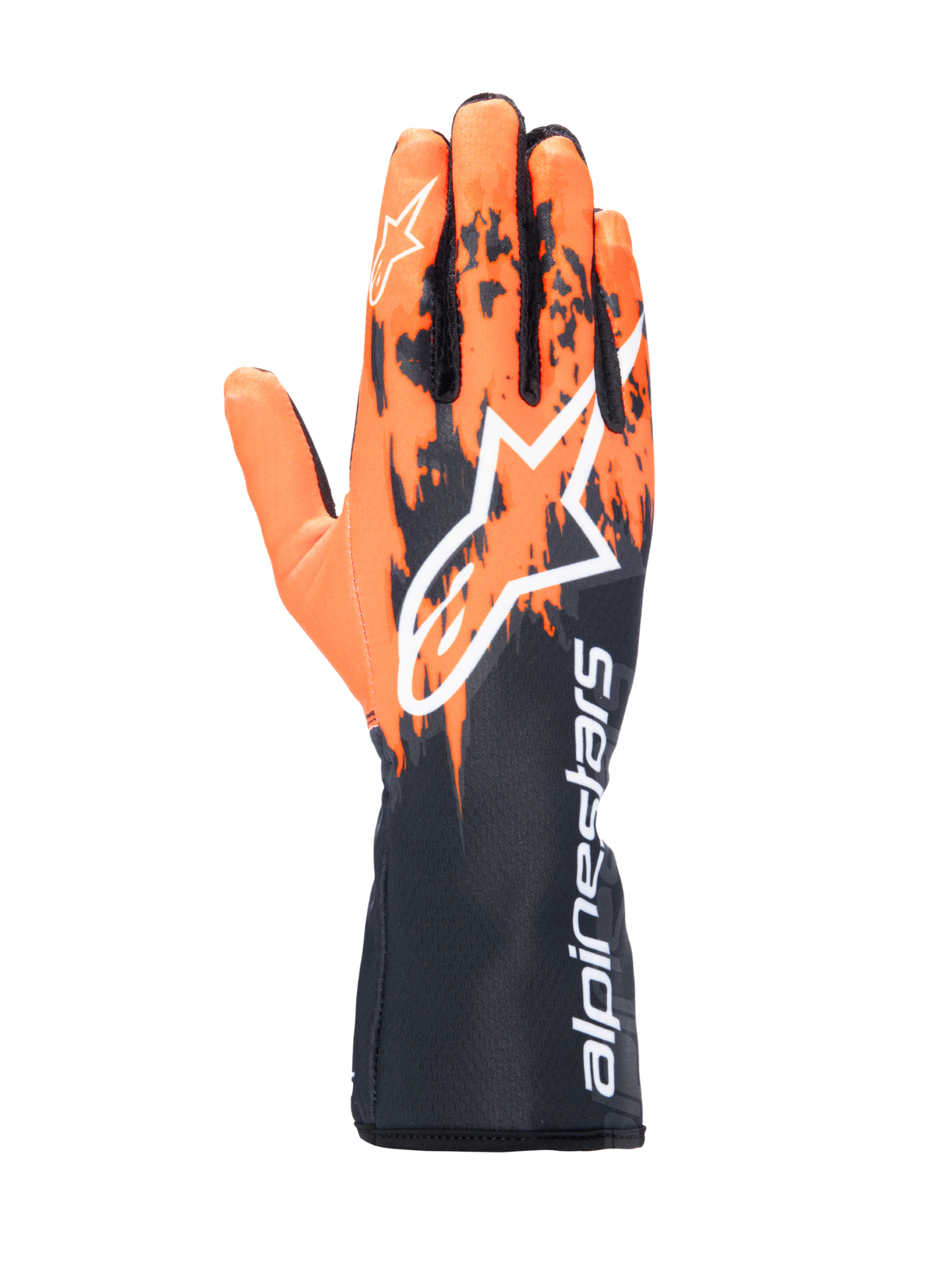 Guanti Alpinestars Tech-1 K V3, guanti da karting, nero arancione e bianco, con design grafico sublimato a pennellate arancioni su base nera, grande logo Astar bianco sul dorso e scritta Alpinestars verticale sul polsino, attrezzatura professionale da kart