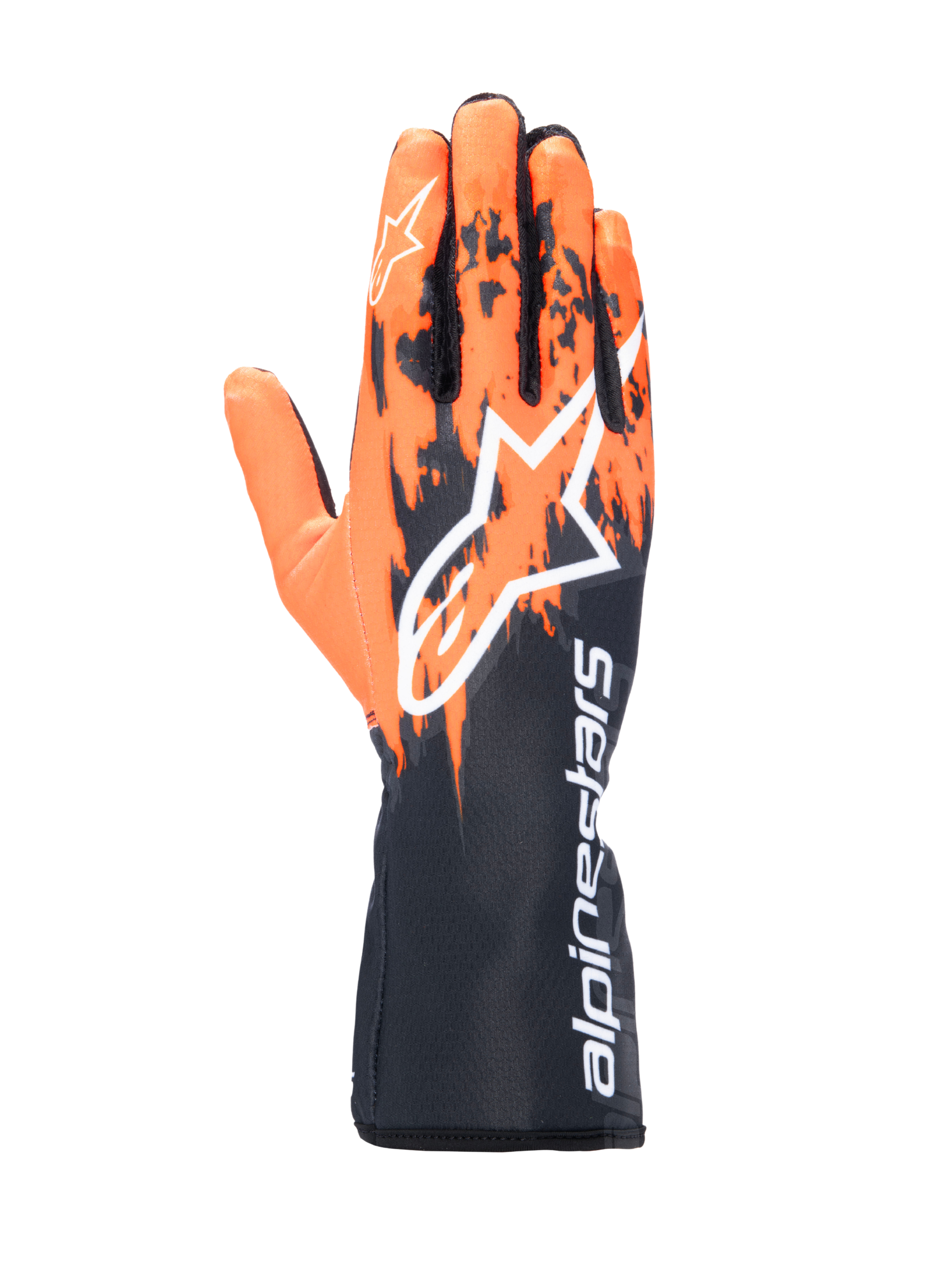 Guanti Alpinestars Tech-1 K V3, guanti da karting, nero arancione e bianco, con design grafico sublimato a pennellate arancioni su base nera, grande logo Astar bianco sul dorso e scritta Alpinestars verticale sul polsino, attrezzatura professionale da kart