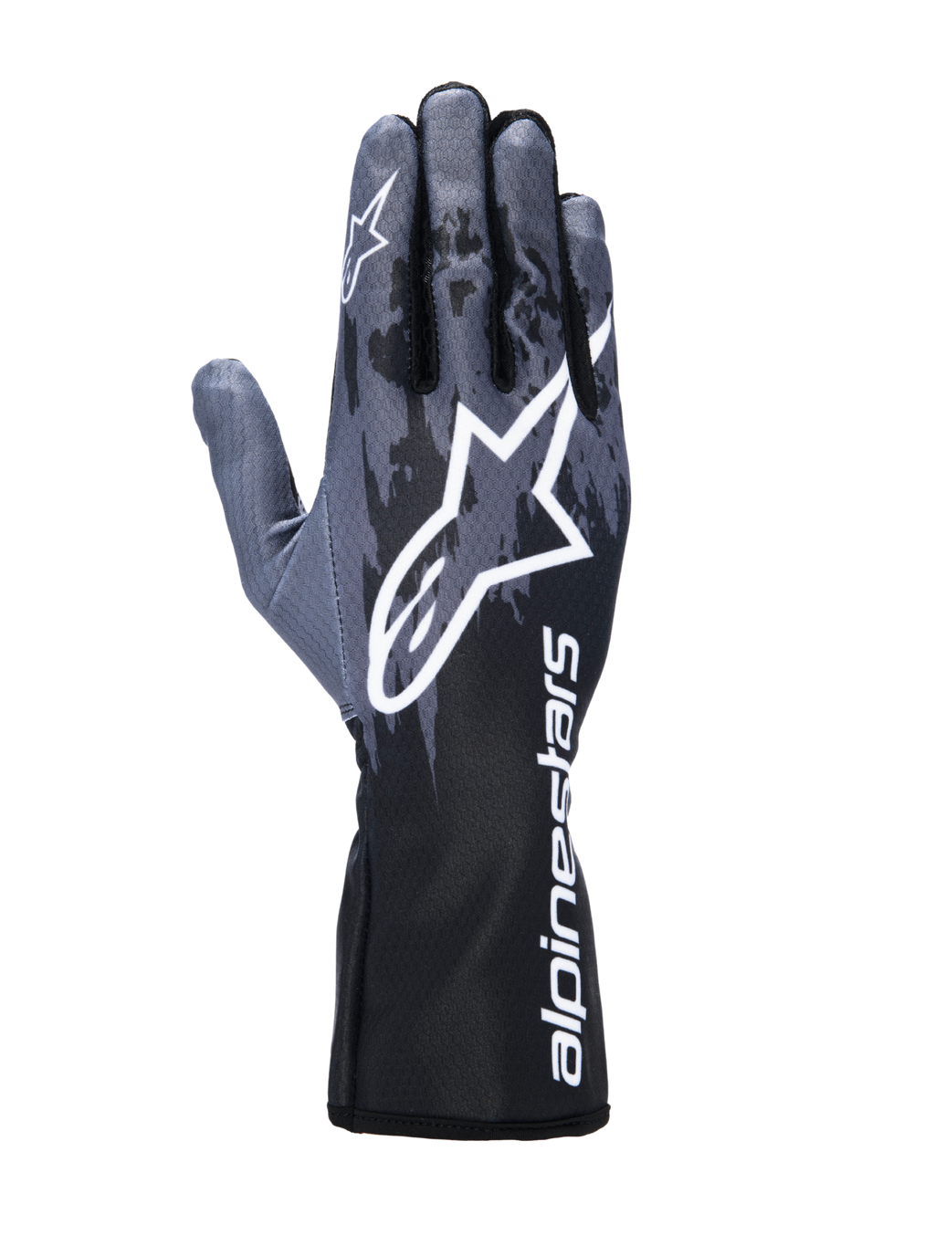 Guanti Alpinestars Tech-1 K V3, guanti da karting, Nero Antracite, caratterizzati da un grande logo Astar bianco sul dorso della mano, motivo stile camouflage grigio scuro e polsino lungo con marchio Alpinestars bianco in verticale