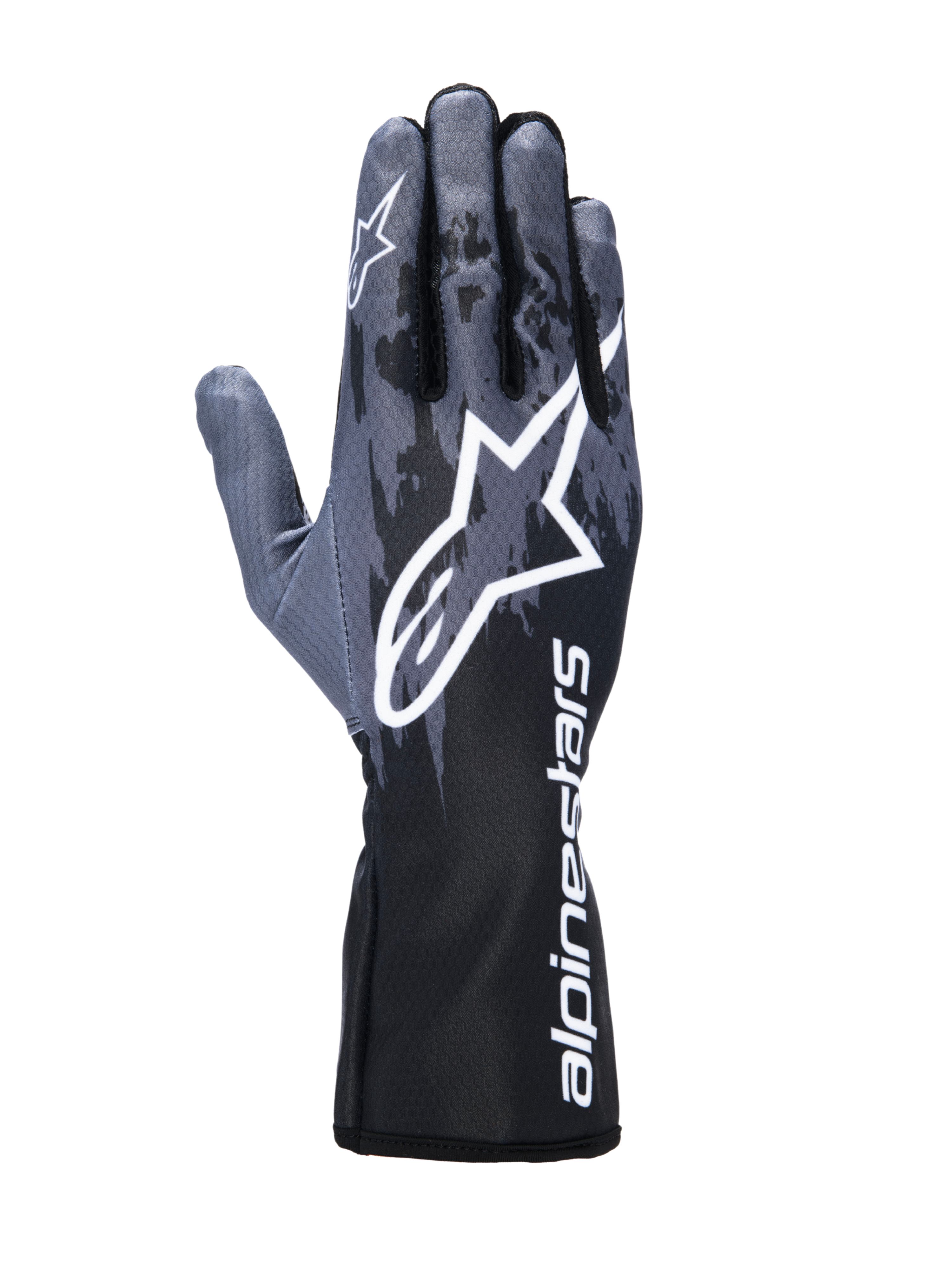 Guanti Alpinestars Tech-1 K V3, guanti da karting, Nero Antracite, caratterizzati da un grande logo Astar bianco sul dorso della mano, motivo stile camouflage grigio scuro e polsino lungo con marchio Alpinestars bianco in verticale