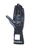 Guanti da karting Alpinestars Tech-1 K V3, nero antracite, vista lato palmo con stampa in silicone ad alta aderenza, palmo in pelle scamosciata sintetica, polsino a guanto con polso elasticizzato e loghi bianchi, attrezzatura professionale per motorsport