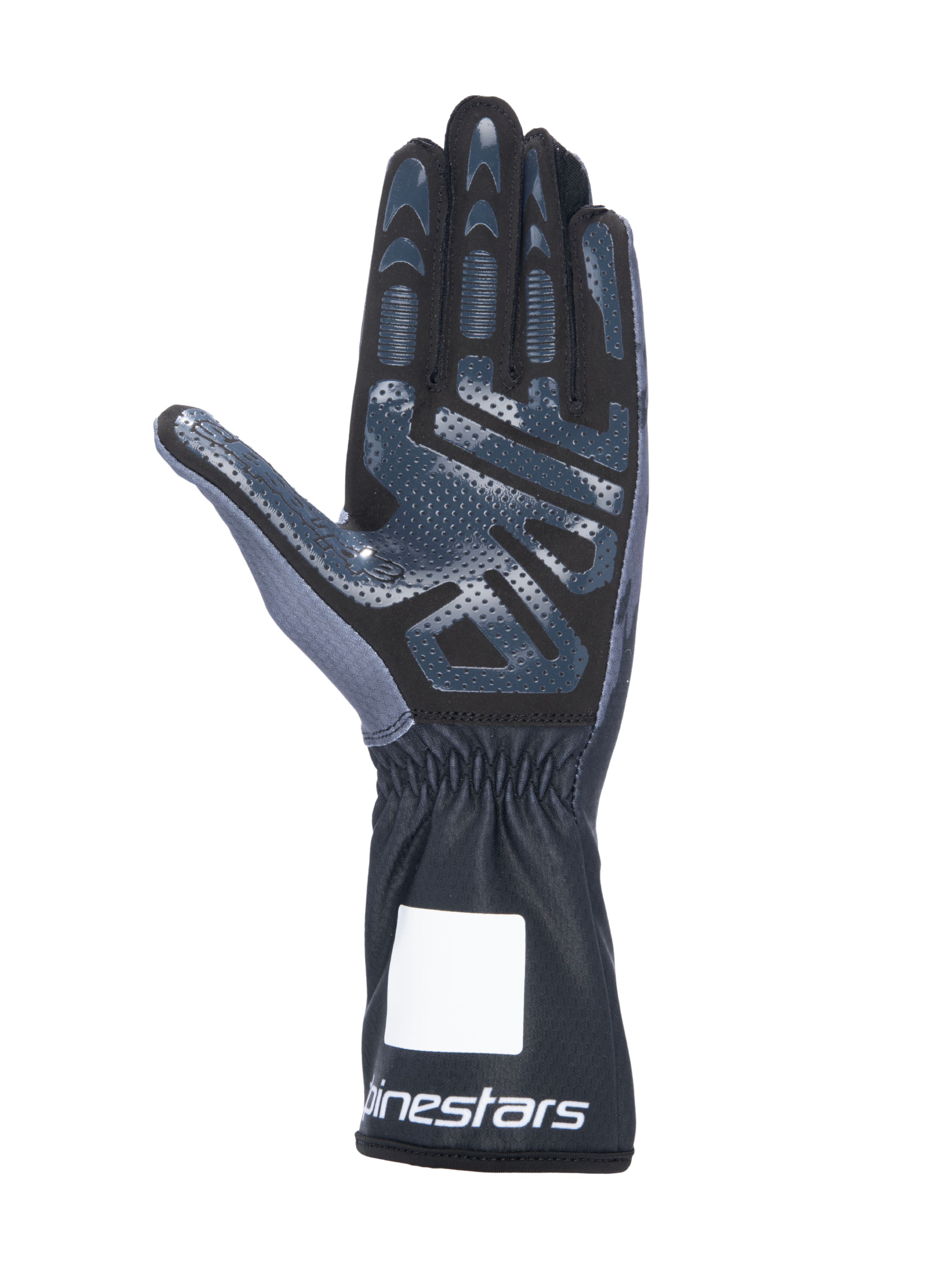 Guanti da karting Alpinestars Tech-1 K V3, nero antracite, vista lato palmo con stampa in silicone ad alta aderenza, palmo in pelle scamosciata sintetica, polsino a guanto con polso elasticizzato e loghi bianchi, attrezzatura professionale per motorsport