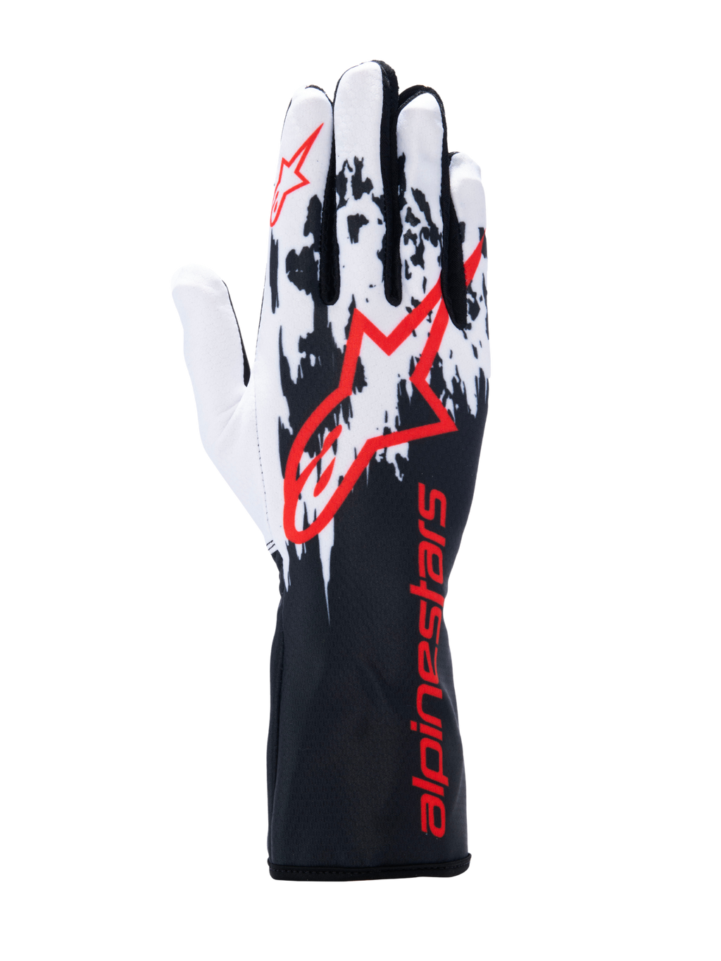 Guanti Alpinestars Tech-1 K V3, guanti da kart, nero bianco rosso, con design grafico a macchie bianco e nero sul dorso, grande logo Alpinestars rosso, branding rosso sul polsino lungo, attrezzatura professionale per motorsport
