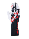 Guanti Alpinestars Tech-1 K V3, guanti da kart, nero bianco rosso, con design grafico a macchie bianco e nero sul dorso, grande logo Alpinestars rosso, branding rosso sul polsino lungo, attrezzatura professionale per motorsport