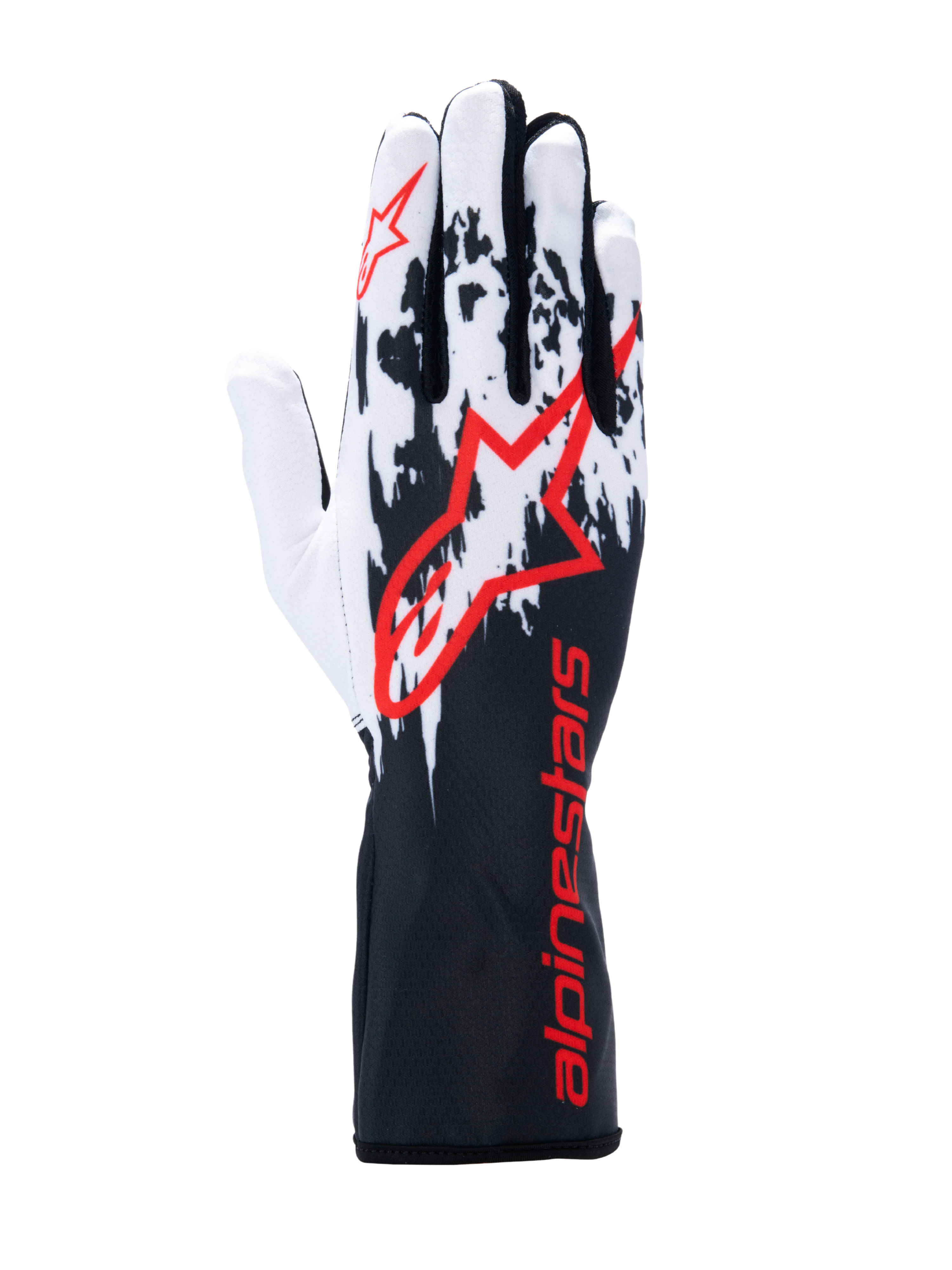 Guanti Alpinestars Tech-1 K V3, guanti da kart, nero bianco rosso, con design grafico a macchie bianco e nero sul dorso, grande logo Alpinestars rosso, branding rosso sul polsino lungo, attrezzatura professionale per motorsport