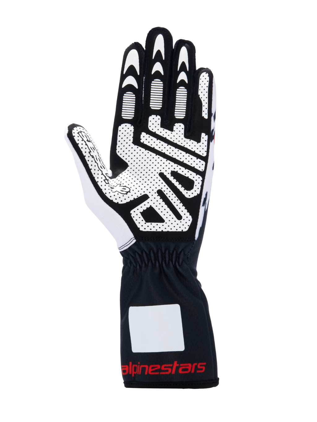Guanti Alpinestars Tech-1 K V3, guanti da kart, nero bianco e rosso, vista del palmo con stampa in silicone ad alta aderenza, materiale in scamosciato sintetico, polsino con marchio rosso, attrezzatura professionale per il karting