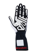 Guanti Alpinestars Tech-1 K V3, guanti da kart, nero bianco e rosso, vista del palmo con stampa in silicone ad alta aderenza, materiale in scamosciato sintetico, polsino con marchio rosso, attrezzatura professionale per il karting