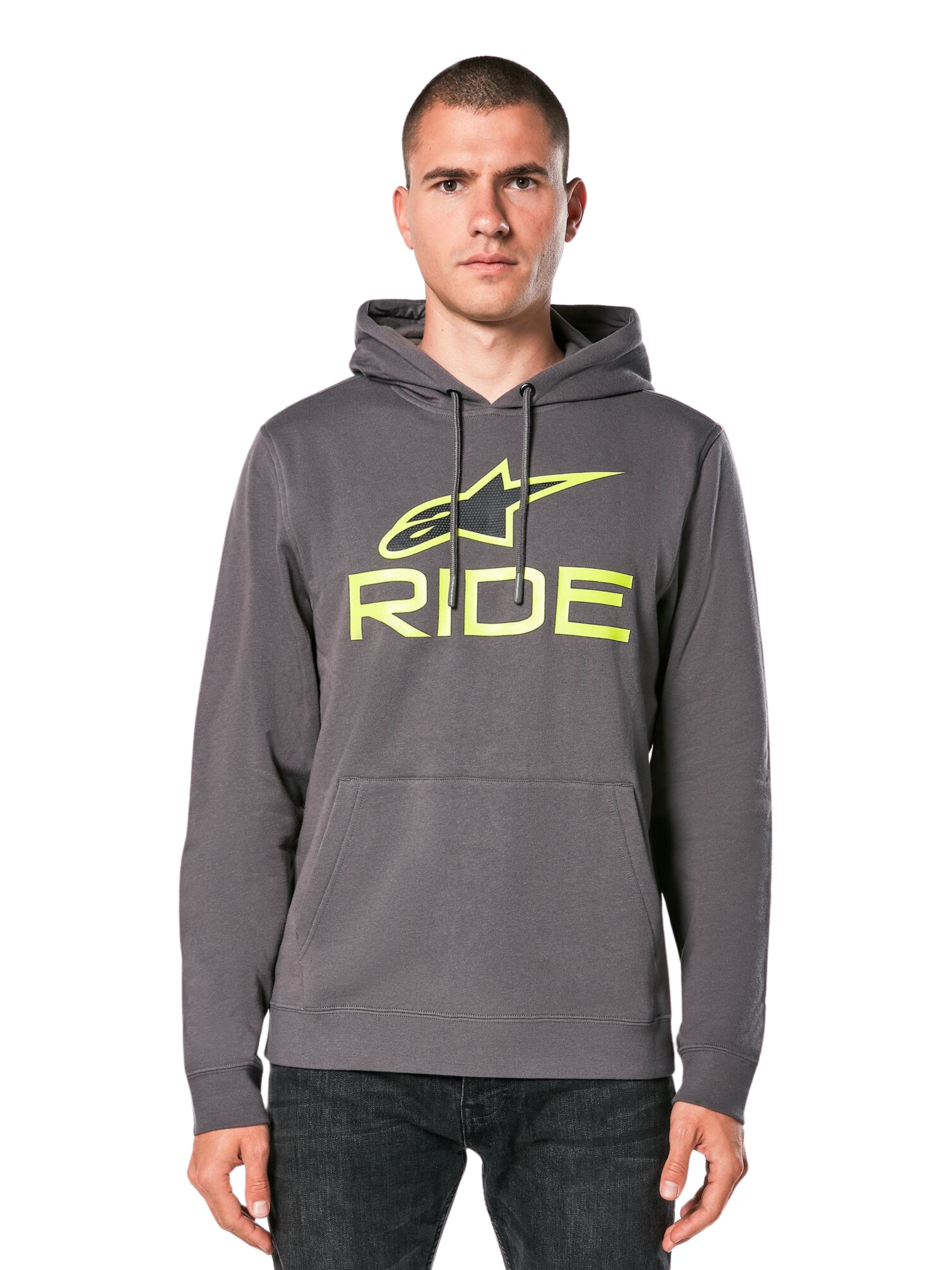 Alpinestars Ride Hoodie V 3, felpa con cappuccio grigio antracite con logo RIDE verde lime, dotata di tasca a marsupio anteriore e cappuccio con cordoncino, streetwear casual ispirato al motorsport