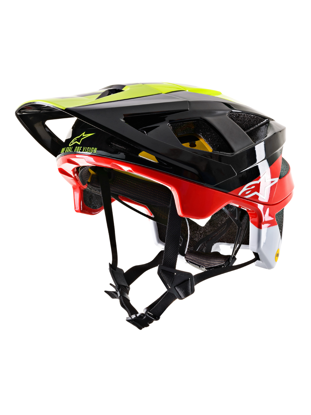 Alpinestars Vector Tech Pilot MTB Helmet CE, casco da mountain bike, nero, rosso, bianco e giallo fluo, finitura lucida con molteplici porte di ventilazione, visiera regolabile, logo MIPS, design aerodinamico per il ciclismo fuoristrada