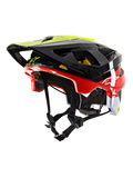 Alpinestars Vector Tech Pilot MTB Helmet CE, casco da mountain bike, nero, rosso, bianco e giallo fluo, finitura lucida con molteplici porte di ventilazione, visiera regolabile, logo MIPS, design aerodinamico per il ciclismo fuoristrada