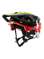 Alpinestars Vector Tech Pilot MTB Helmet CE, casco da mountain bike, nero, rosso, bianco e giallo fluo, finitura lucida con molteplici porte di ventilazione, visiera regolabile, logo MIPS, design aerodinamico per il ciclismo fuoristrada