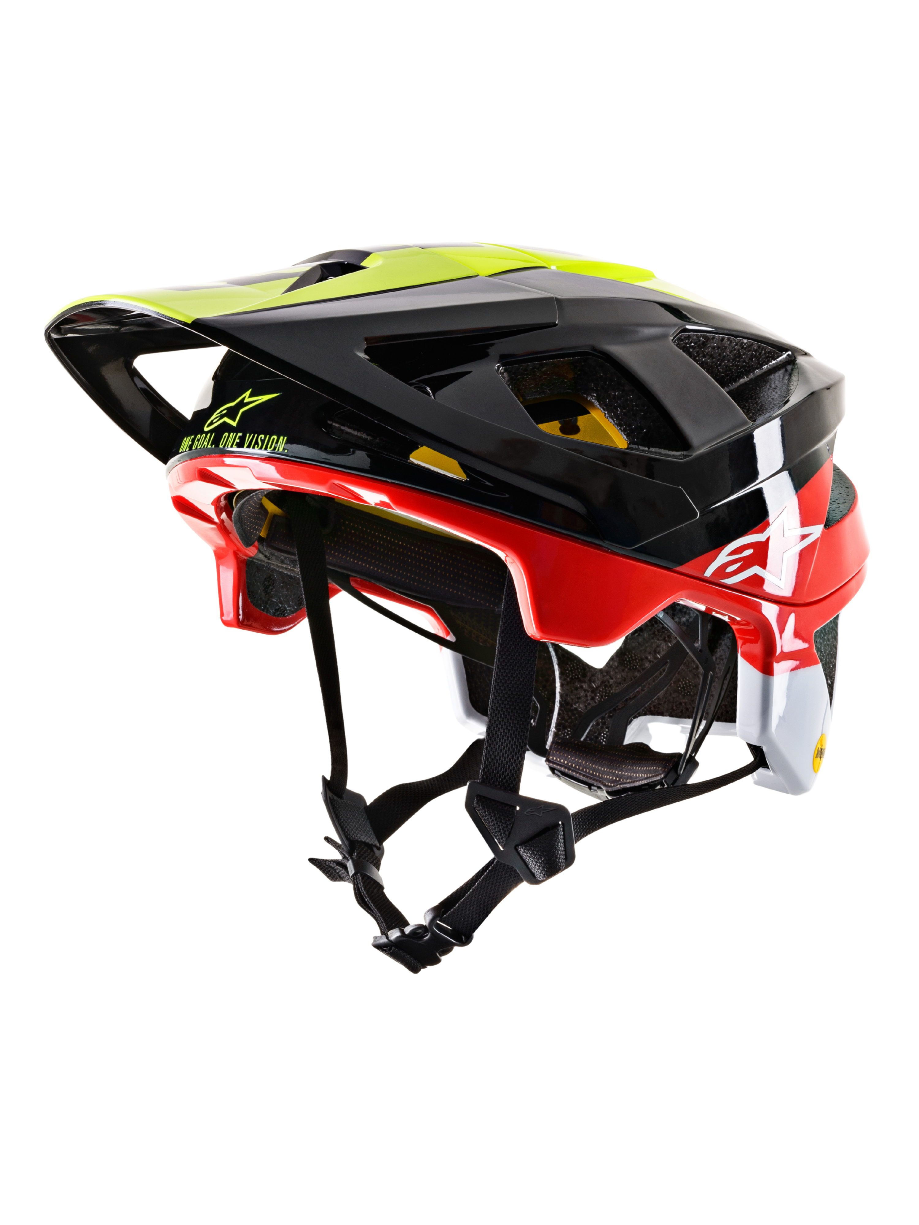 Alpinestars Vector Tech Pilot MTB Helmet CE, casco da mountain bike, nero, rosso, bianco e giallo fluo, finitura lucida con molteplici porte di ventilazione, visiera regolabile, logo MIPS, design aerodinamico per il ciclismo fuoristrada