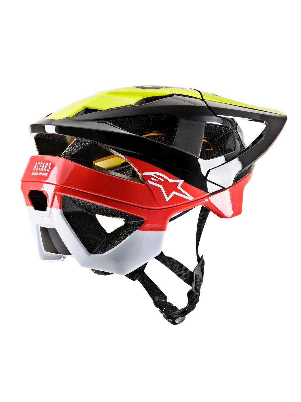 Alpinestars Vector Tech Pilot Casco MTB, nero, giallo fluo e rosso lucido con accenti bianchi, vista posteriore a tre quarti con ampie aperture di ventilazione, copertura estesa della nuca, logo Astars bianco e cinturino regolabile, protezione per la testa per mountain bike
