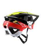 Alpinestars Vector Tech Pilot Casco MTB, nero, giallo fluo e rosso lucido con accenti bianchi, vista posteriore a tre quarti con ampie aperture di ventilazione, copertura estesa della nuca, logo Astars bianco e cinturino regolabile, protezione per la testa per mountain bike