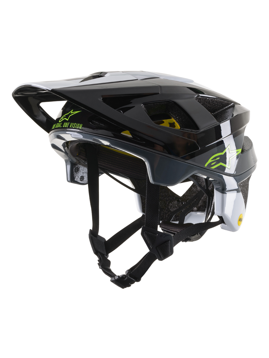 Alpinestars Vector Tech Pilot Helmet CE, casco da ciclismo MTB, nero, bianco e grigio freddo lucido, con logo Alpinestars verde lime e scritta 'One Goal. One Vision.', diverse aperture di ventilazione e visiera regolabile.