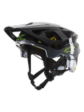 Alpinestars Vector Tech Pilot Helmet CE, casco da ciclismo MTB, nero, bianco e grigio freddo lucido, con logo Alpinestars verde lime e scritta 'One Goal. One Vision.', diverse aperture di ventilazione e visiera regolabile.