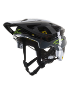 Alpinestars Vector Tech Pilot Helmet CE, casco da ciclismo MTB, nero, bianco e grigio freddo lucido, con logo Alpinestars verde lime e scritta 'One Goal. One Vision.', diverse aperture di ventilazione e visiera regolabile.