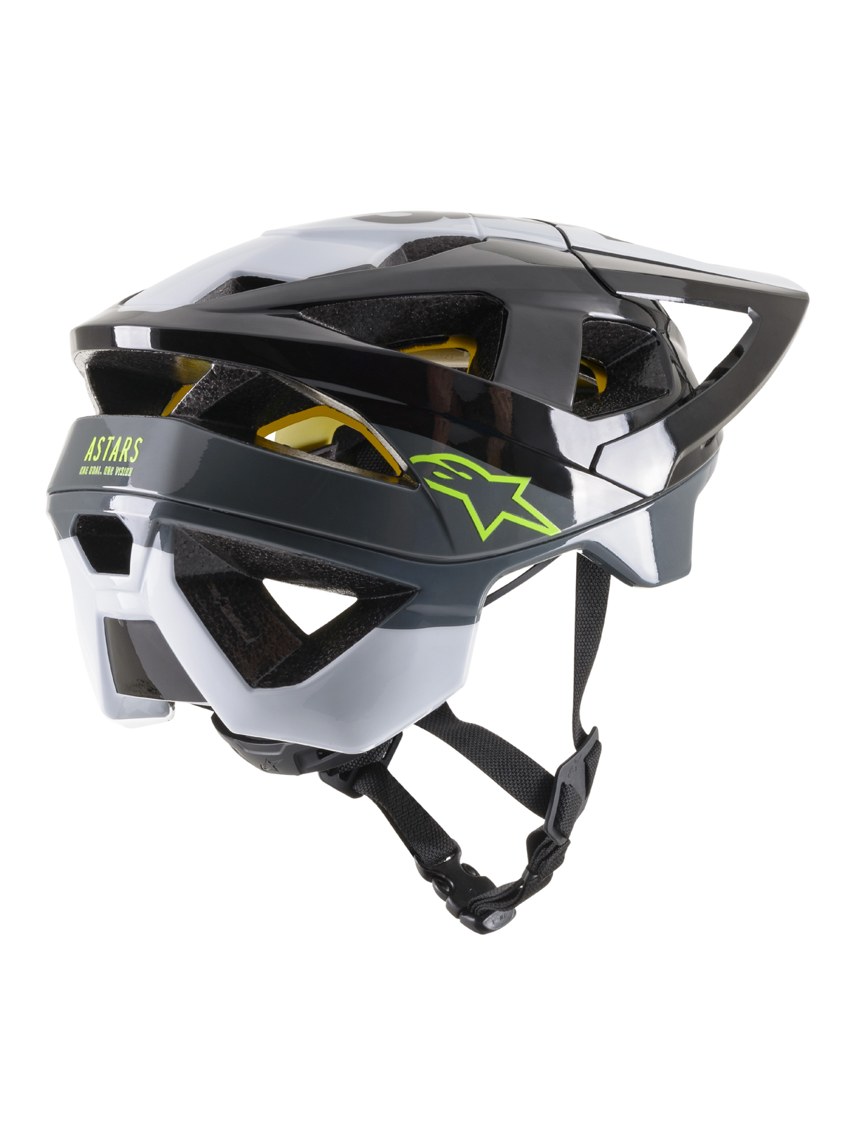 Alpinestars Vector Tech Pilot Helmet CE, casco da MTB, nero, bianco e grigio freddo lucido, vista posteriore di tre quarti con loghi a stella verde lime e ASTARS, 19 aperture di ventilazione, design aerodinamico con visiera regolabile e cinturino sottogola
