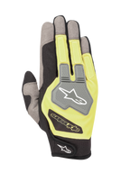 Guanti Alpinestars Engine, guanti da kart e per meccanici, nero e giallo fluorescente, vista del dorso con pannelli in mesh grigio e protezione nocche in TPR con logo Alpinestars, costruzione multi-materiale leggera e traspirante