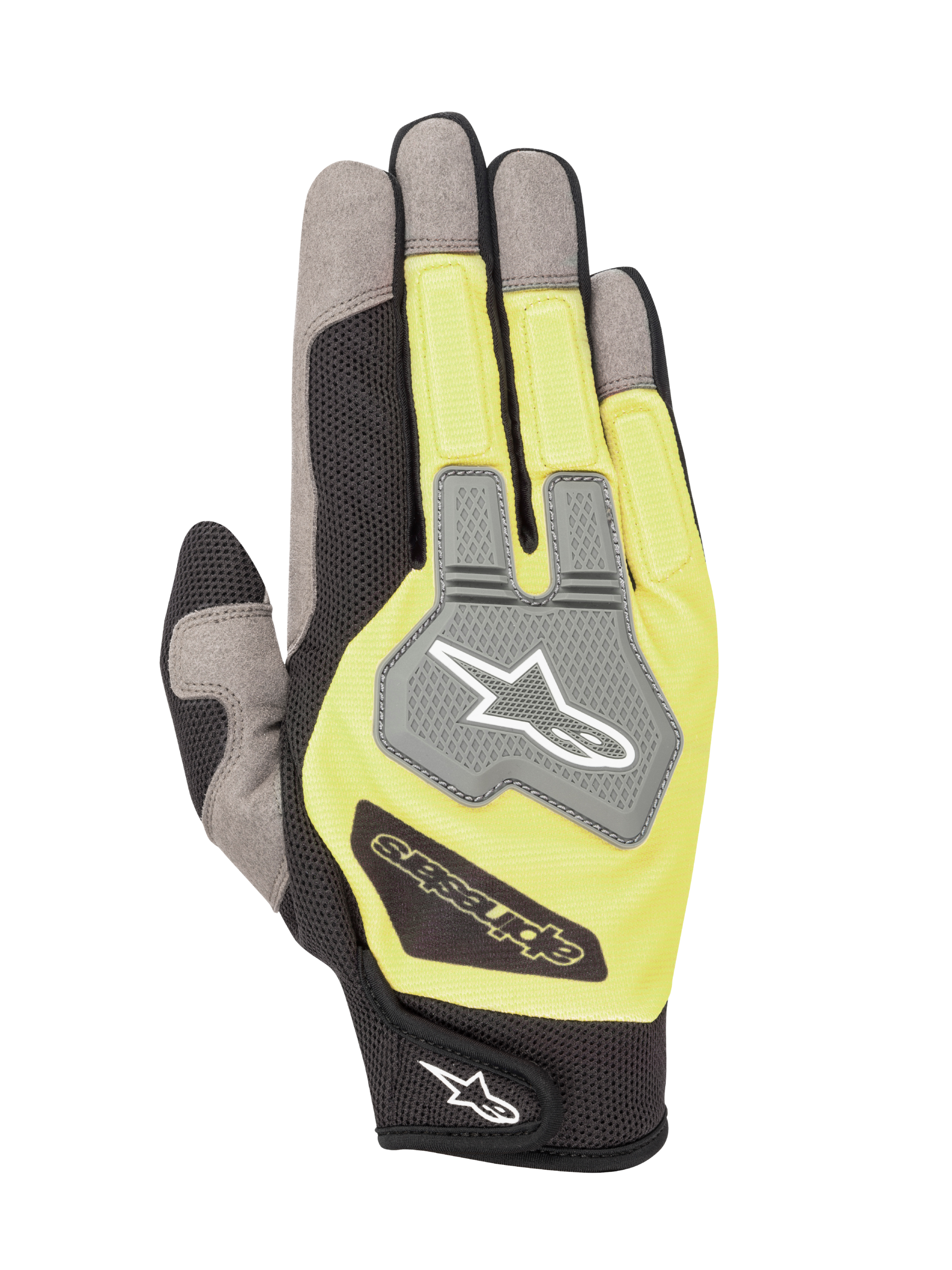 Guanti Alpinestars Engine, guanti da kart e per meccanici, nero e giallo fluorescente, vista del dorso con pannelli in mesh grigio e protezione nocche in TPR con logo Alpinestars, costruzione multi-materiale leggera e traspirante