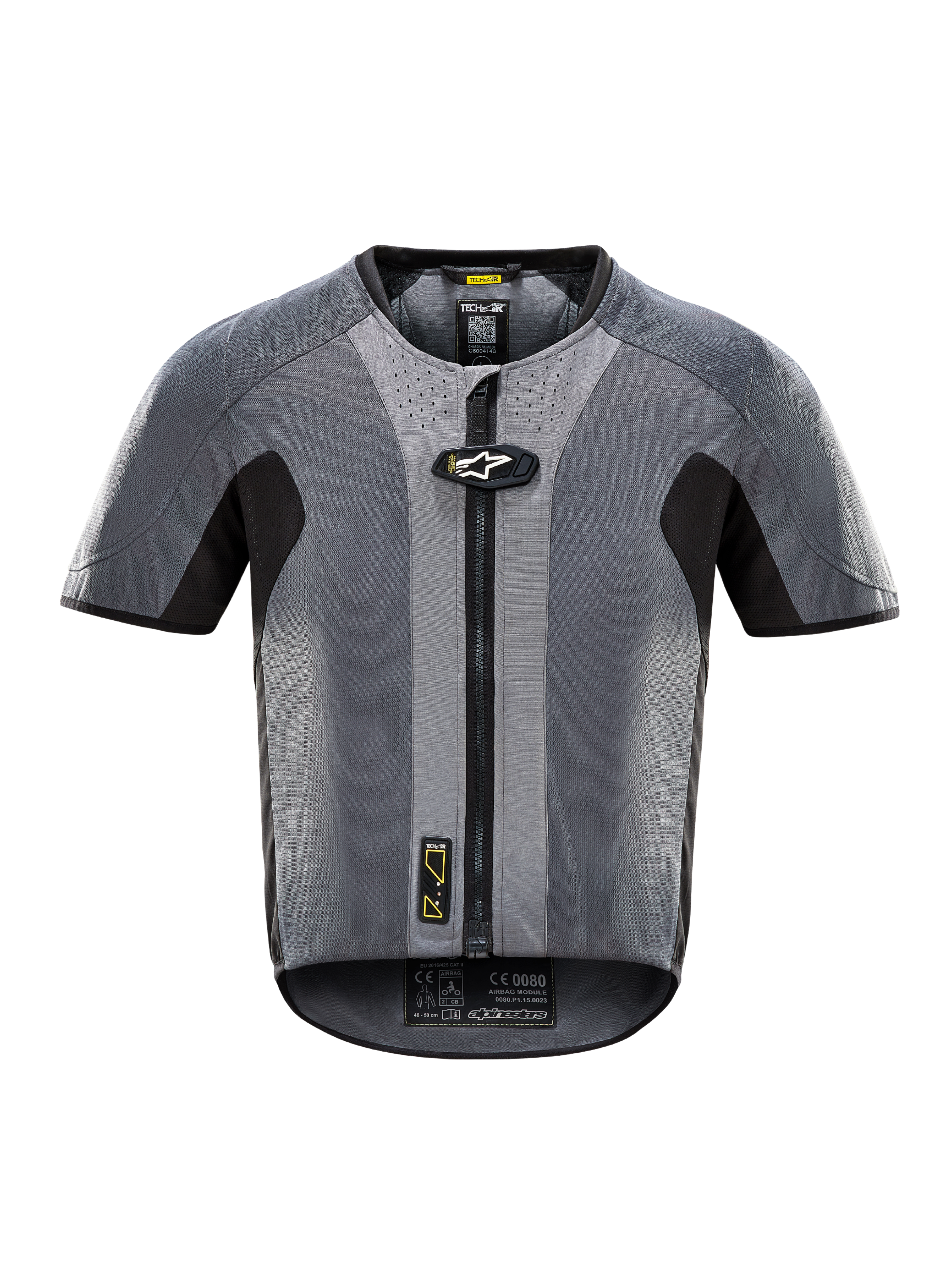 Airbag Tech-Air 5, gilet elettronico da moto grigio scuro e nero con cerniera frontale e protezione autonoma.