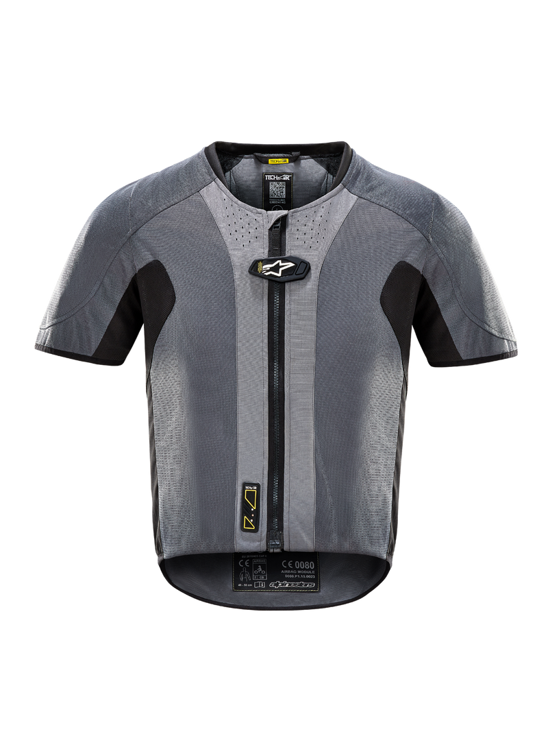 Airbag Tech-Air 5, gilet elettronico da moto grigio scuro e nero con cerniera frontale e protezione autonoma.