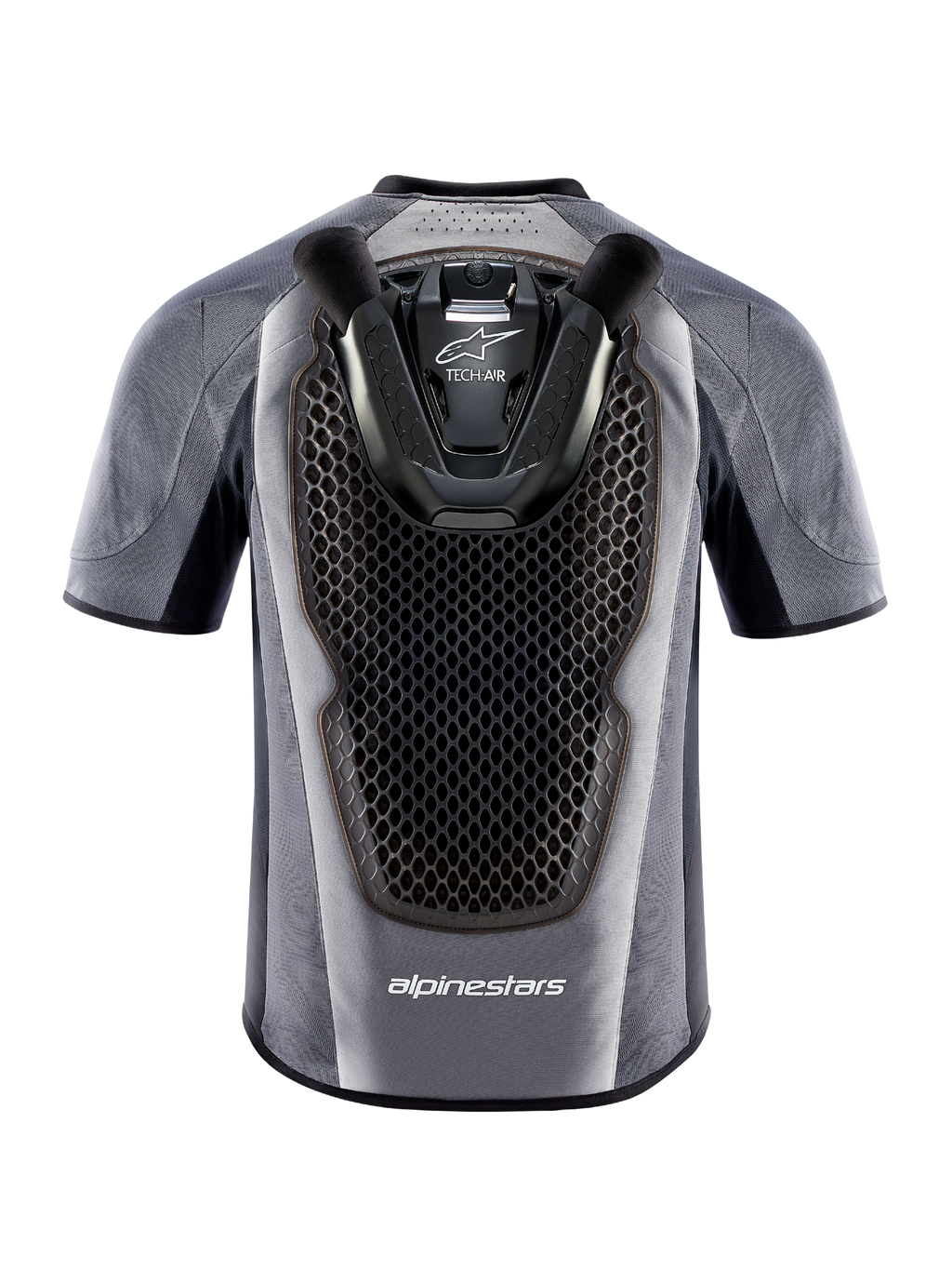 Gilet airbag da moto Alpinestars Tech-Air 5 grigio e nero, vista posteriore con paraschiena a nido d'ape integrato.