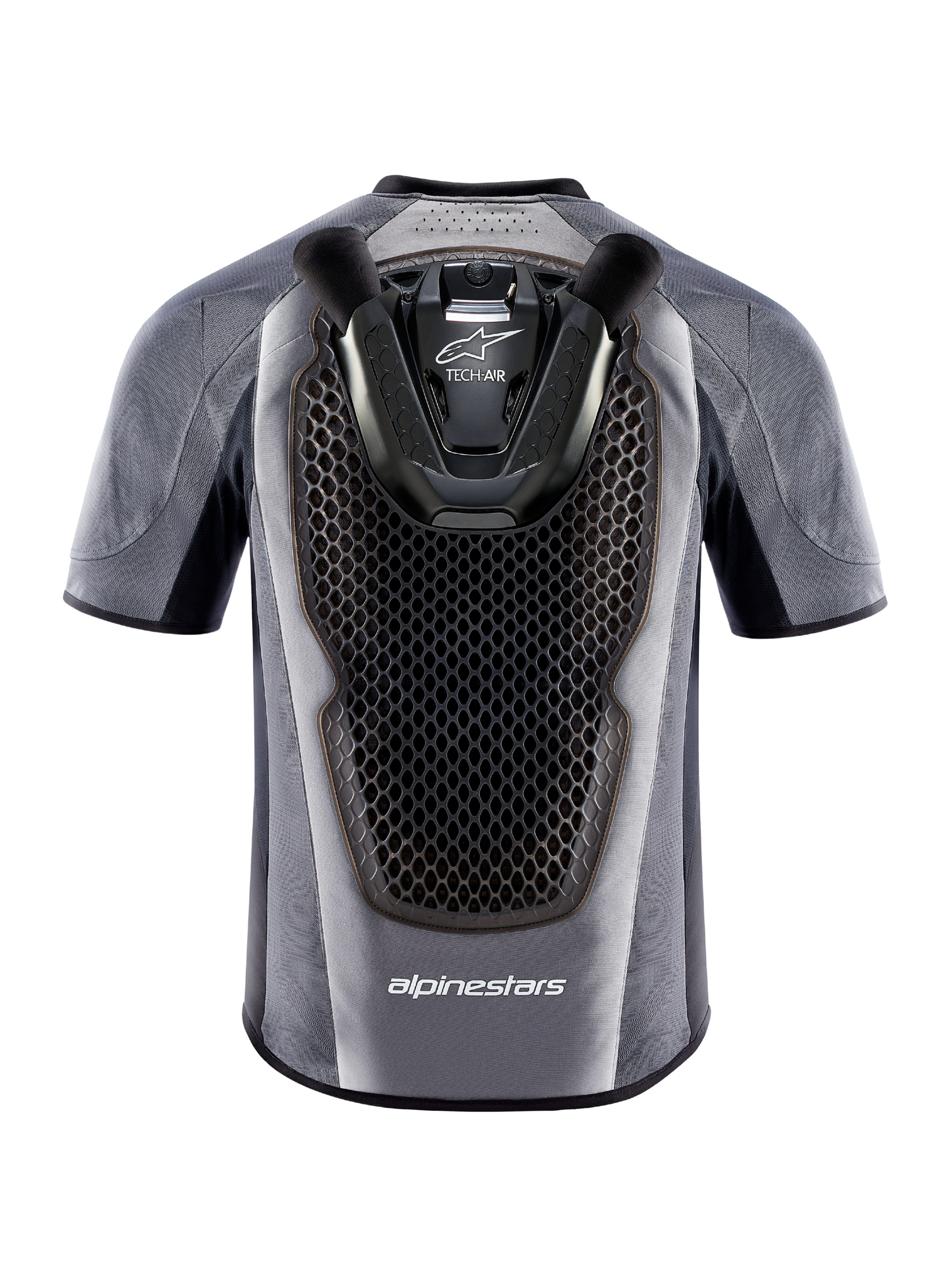 Gilet airbag da moto Alpinestars Tech-Air 5 grigio e nero, vista posteriore con paraschiena a nido d'ape integrato.