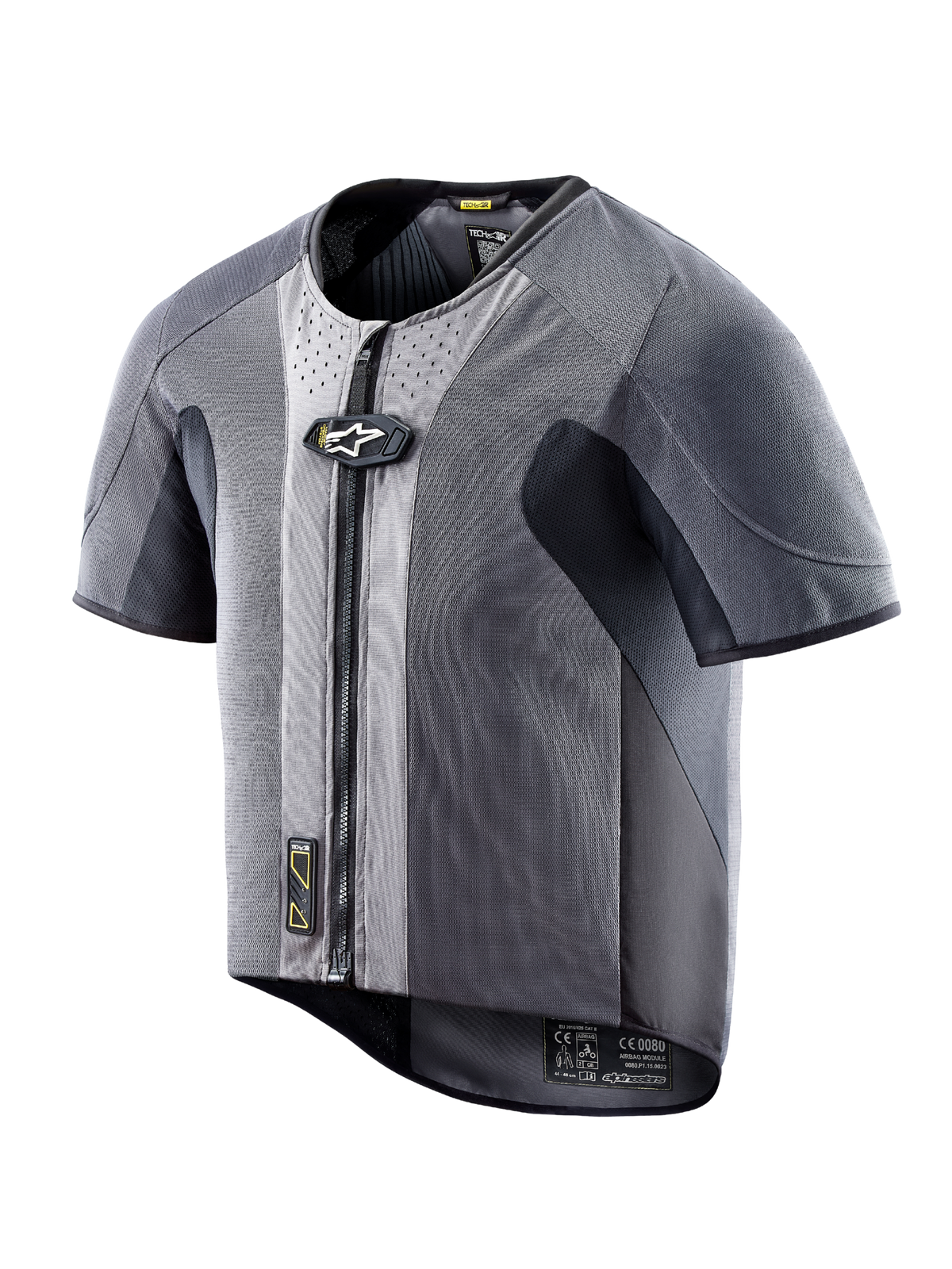 Gilet airbag Alpinestars Tech-Air 5 in rete grigio scuro, maniche corte e zip frontale per protezione stradale autonoma.