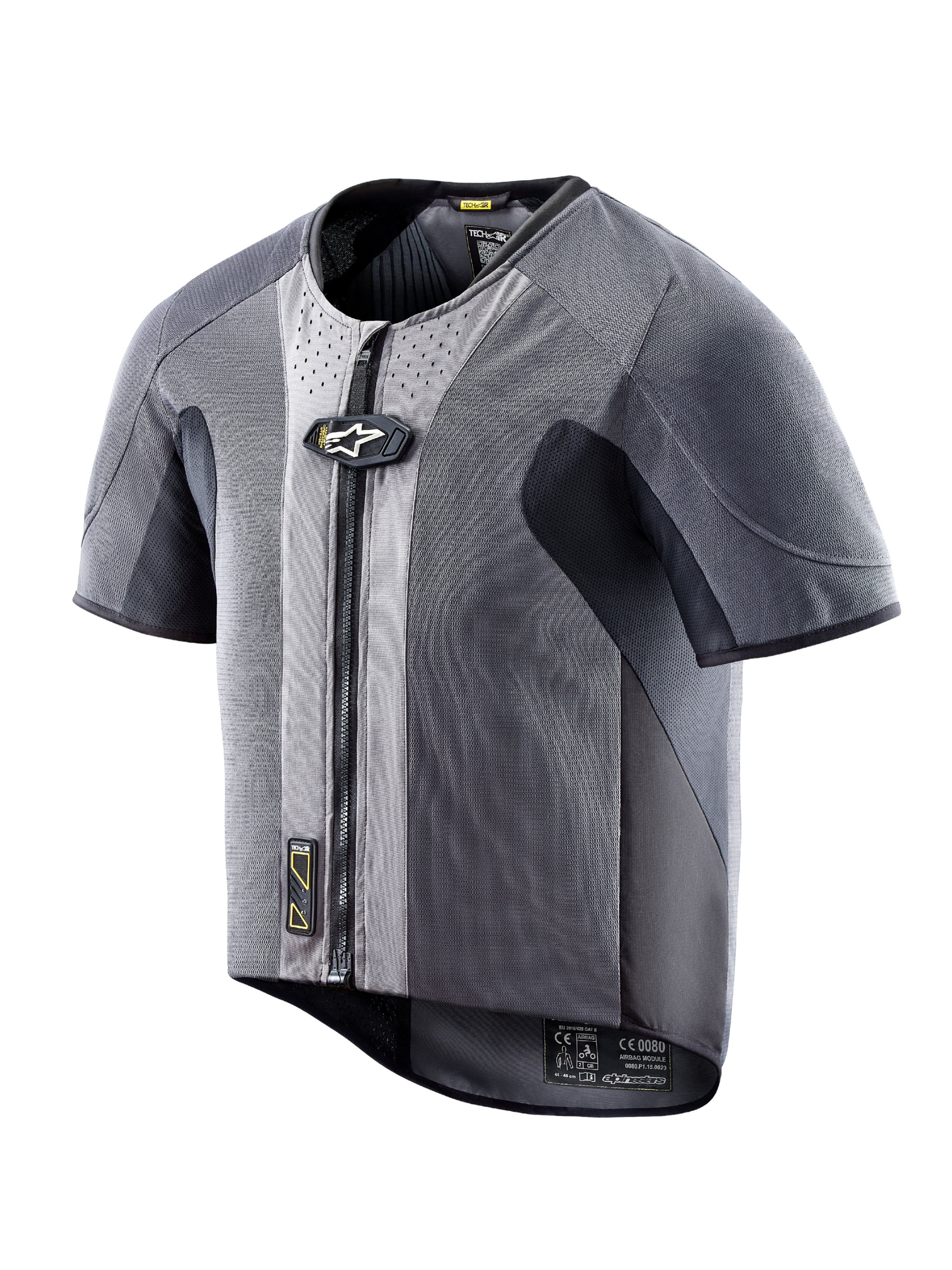 Gilet airbag Alpinestars Tech-Air 5 in rete grigio scuro, maniche corte e zip frontale per protezione stradale autonoma.