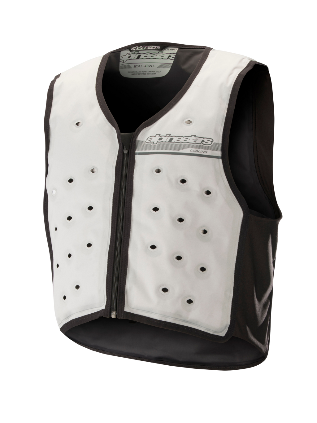 Alpinestars Cooling Vest, strato base da moto senza maniche, grigio chiaro e grigio scuro, con fori di ventilazione circolari, zip frontale e tessuto traspirante per la guida in climi caldi