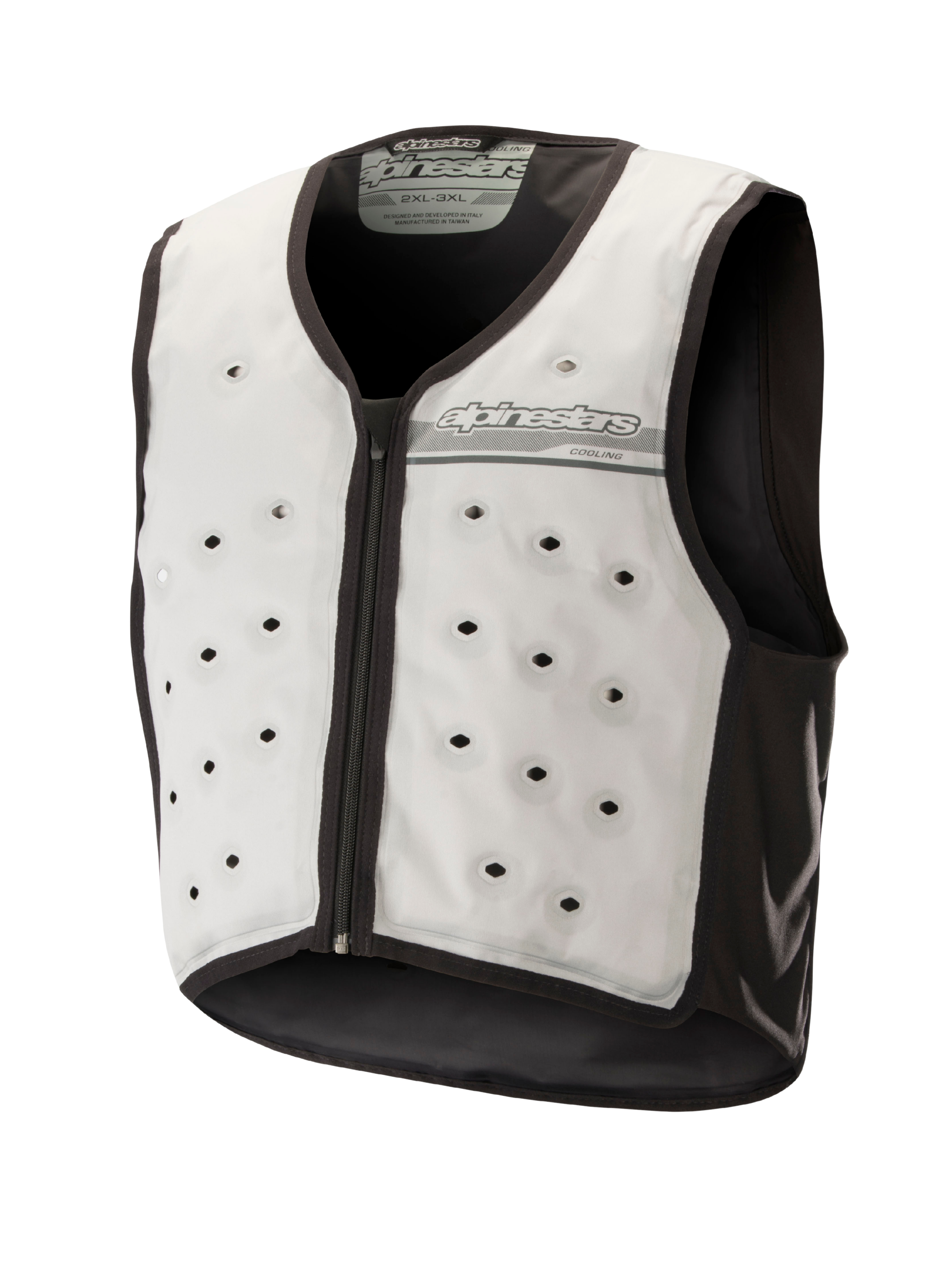 Alpinestars Cooling Vest, strato base da moto senza maniche, grigio chiaro e grigio scuro, con fori di ventilazione circolari, zip frontale e tessuto traspirante per la guida in climi caldi