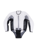 Alpinestars Racing Rain Jacket, giacca da moto impermeabile trasparente, trasparente e nero, loghi bianchi verticali sui pannelli laterali, chiusura con zip frontale, design pre-curvato per vestibilità sopra le tute in pelle, abbigliamento tecnico da pista per pioggia
