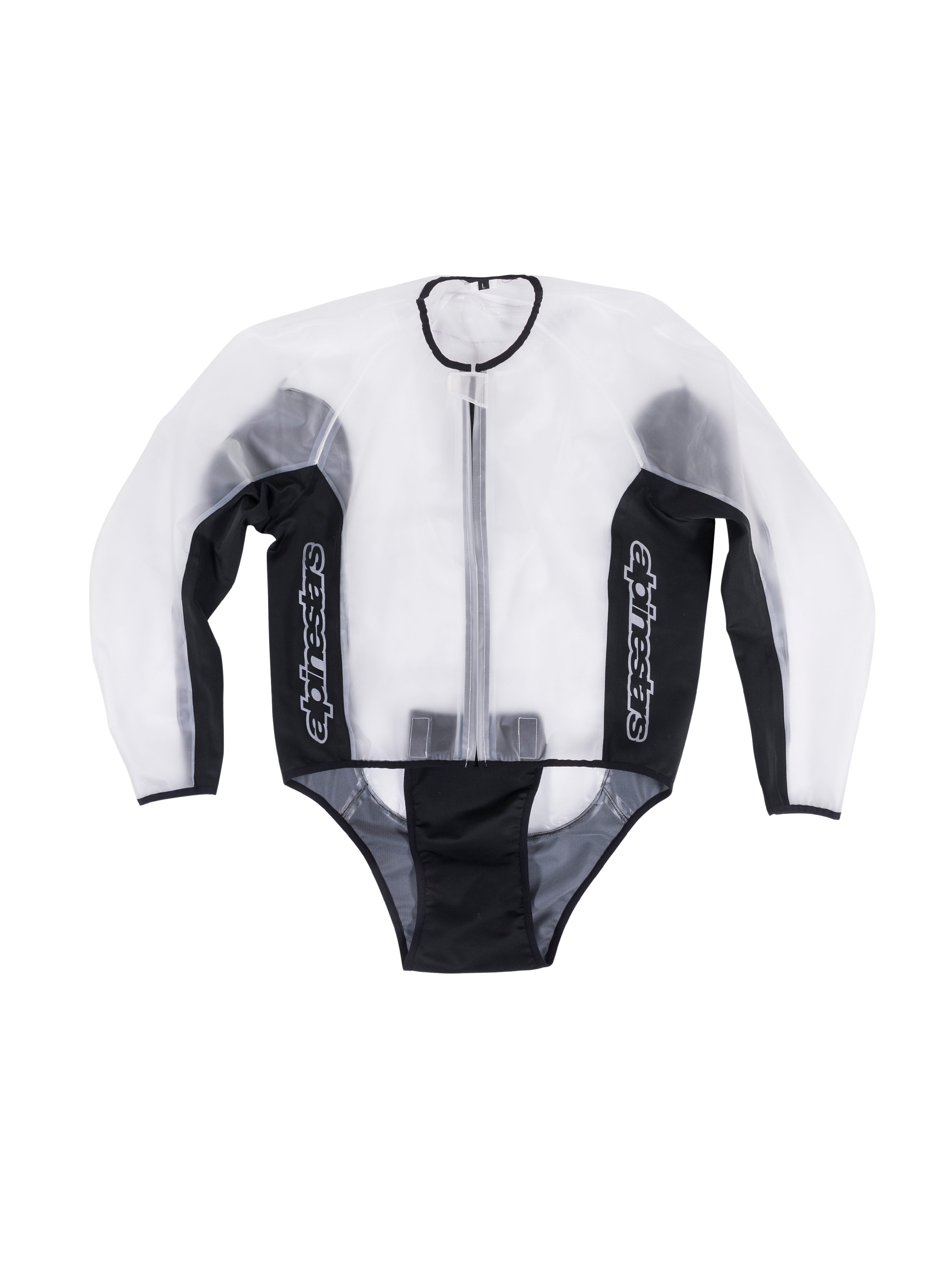 Alpinestars Racing Rain Jacket, giacca da moto impermeabile trasparente, trasparente e nero, loghi bianchi verticali sui pannelli laterali, chiusura con zip frontale, design pre-curvato per vestibilità sopra le tute in pelle, abbigliamento tecnico da pista per pioggia