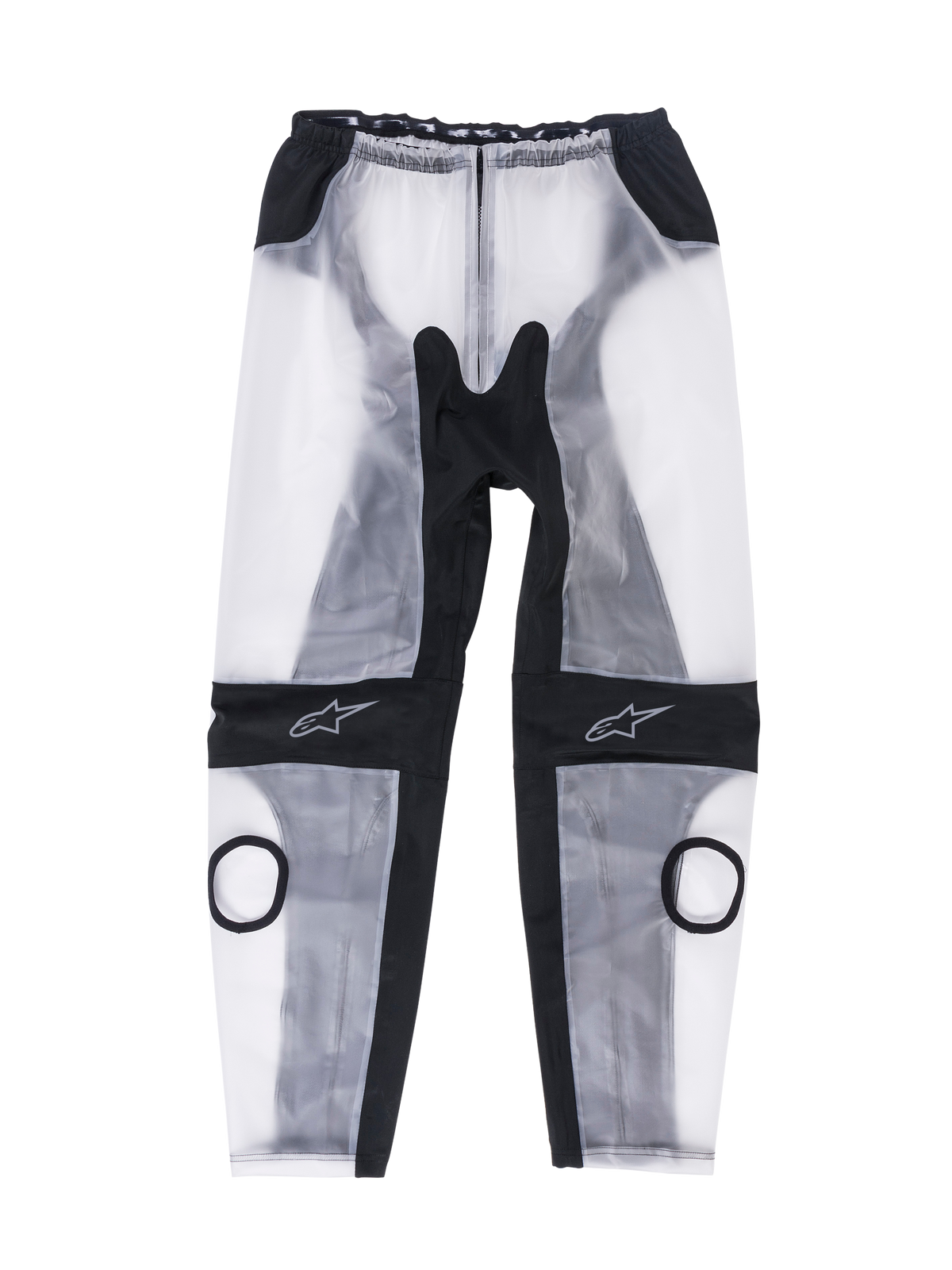 Alpinestars Racing Rain Pants, pantaloni antipioggia da moto, nero trasparente e bianco traslucido, con aperture circolari per gli slider sulle ginocchia, inserti elastici ergonomici neri e loghi a stella sulle ginocchia, design impermeabile per l'uso in pista
