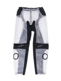Alpinestars Racing Rain Pants, pantaloni antipioggia da moto, nero trasparente e bianco traslucido, con aperture circolari per gli slider sulle ginocchia, inserti elastici ergonomici neri e loghi a stella sulle ginocchia, design impermeabile per l'uso in pista