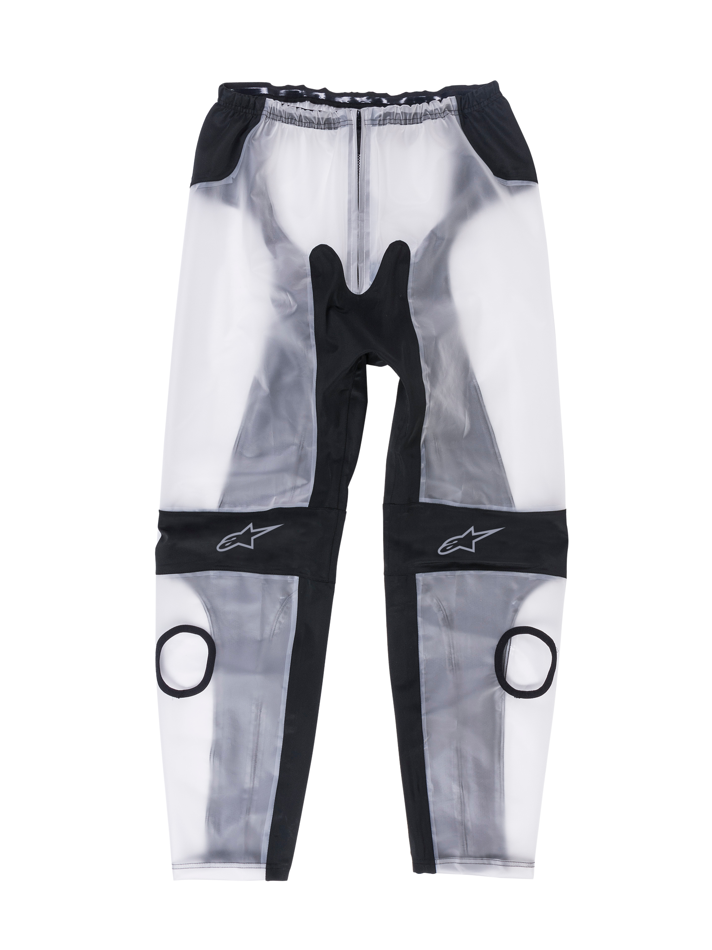 Alpinestars Racing Rain Pants, pantaloni antipioggia da moto, nero trasparente e bianco traslucido, con aperture circolari per gli slider sulle ginocchia, inserti elastici ergonomici neri e loghi a stella sulle ginocchia, design impermeabile per l'uso in pista