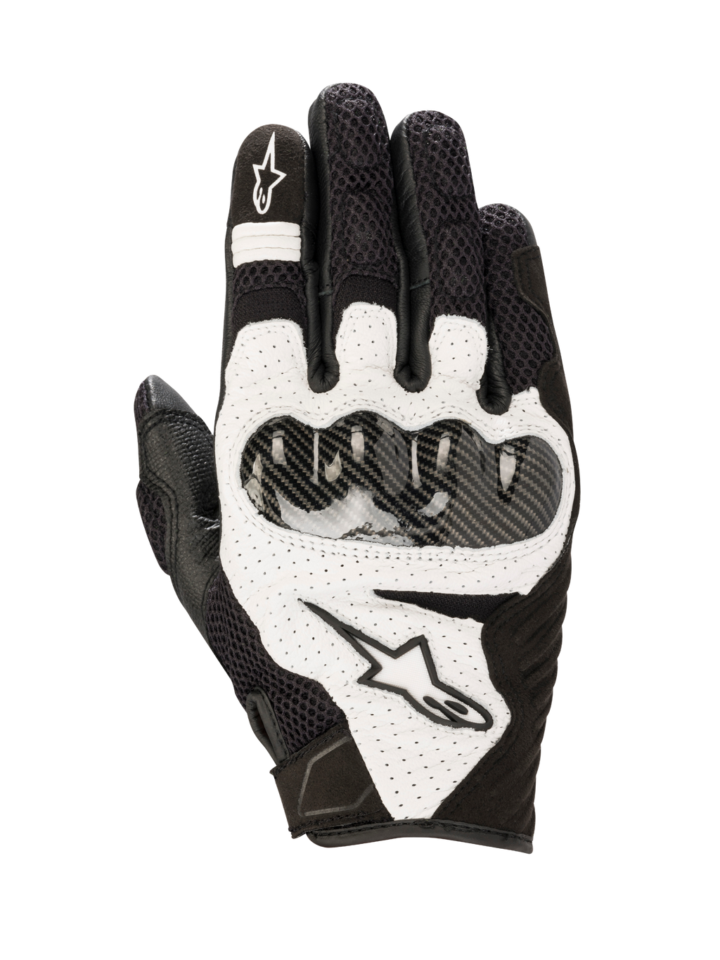 Guanti Alpinestars SMX-1 Air V2, guanti da moto sportivi, nero e bianco, con pannelli in mesh per la traspirabilità, protezione nocche rigida effetto fibra di carbonio, inserti in pelle traforata e logo Alpinestars
