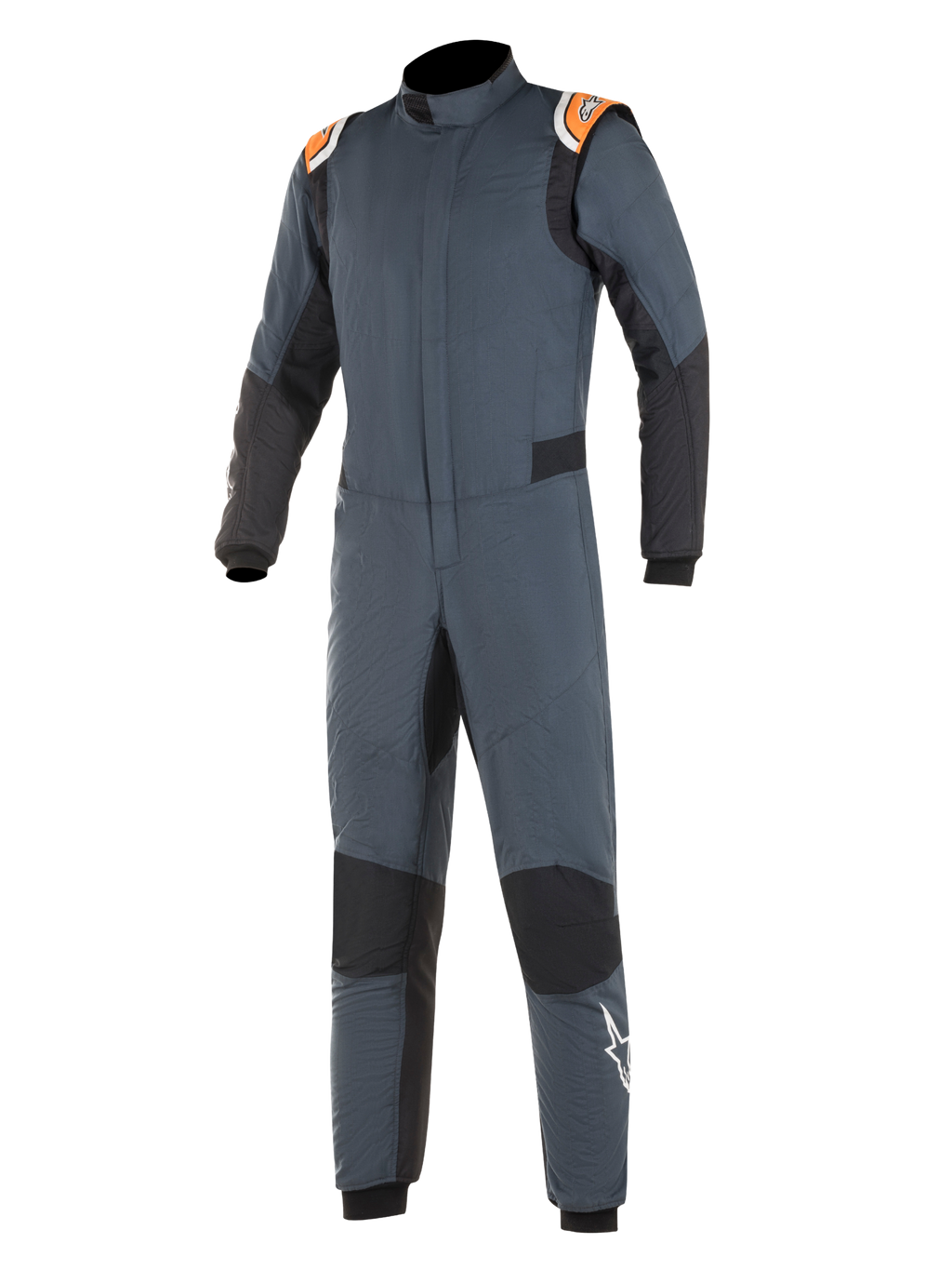 Alpinestars Hypertech Suit, tuta da corsa auto, grigio asfalto e nero con accenti arancione fluo, pannelli elasticizzati neri, spalline arancioni con marchio, logo a stella bianco sulla gamba, costruzione professionale ignifuga a due strati per prestazioni negli sport motoristici