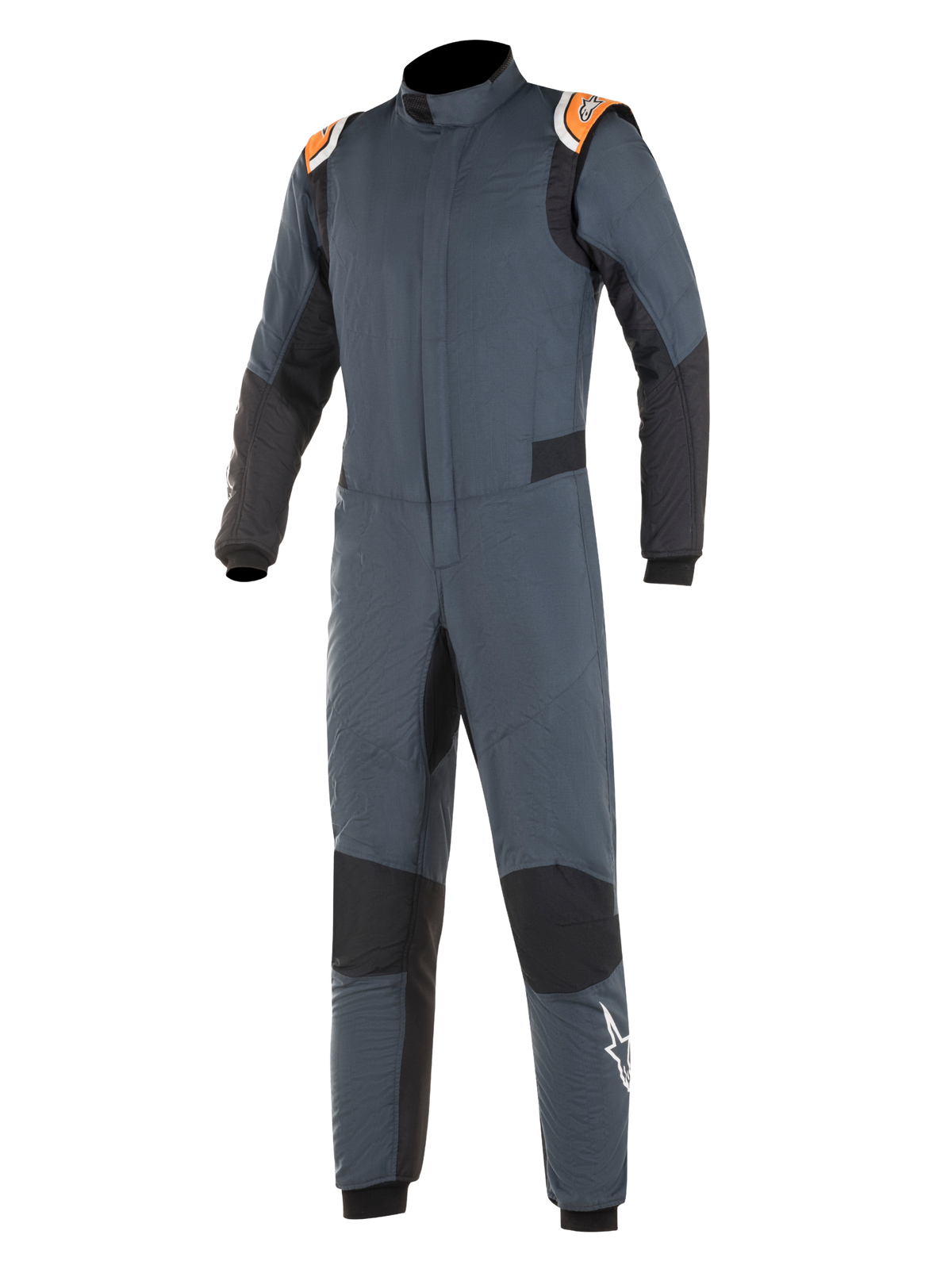 Alpinestars Hypertech Suit, tuta da corsa integrale, grigio scuro con dettagli neri, inserti arancioni e bianchi sulle spalle, logo stella bianco sulla gamba, colletto alto, protezione per sport motoristici