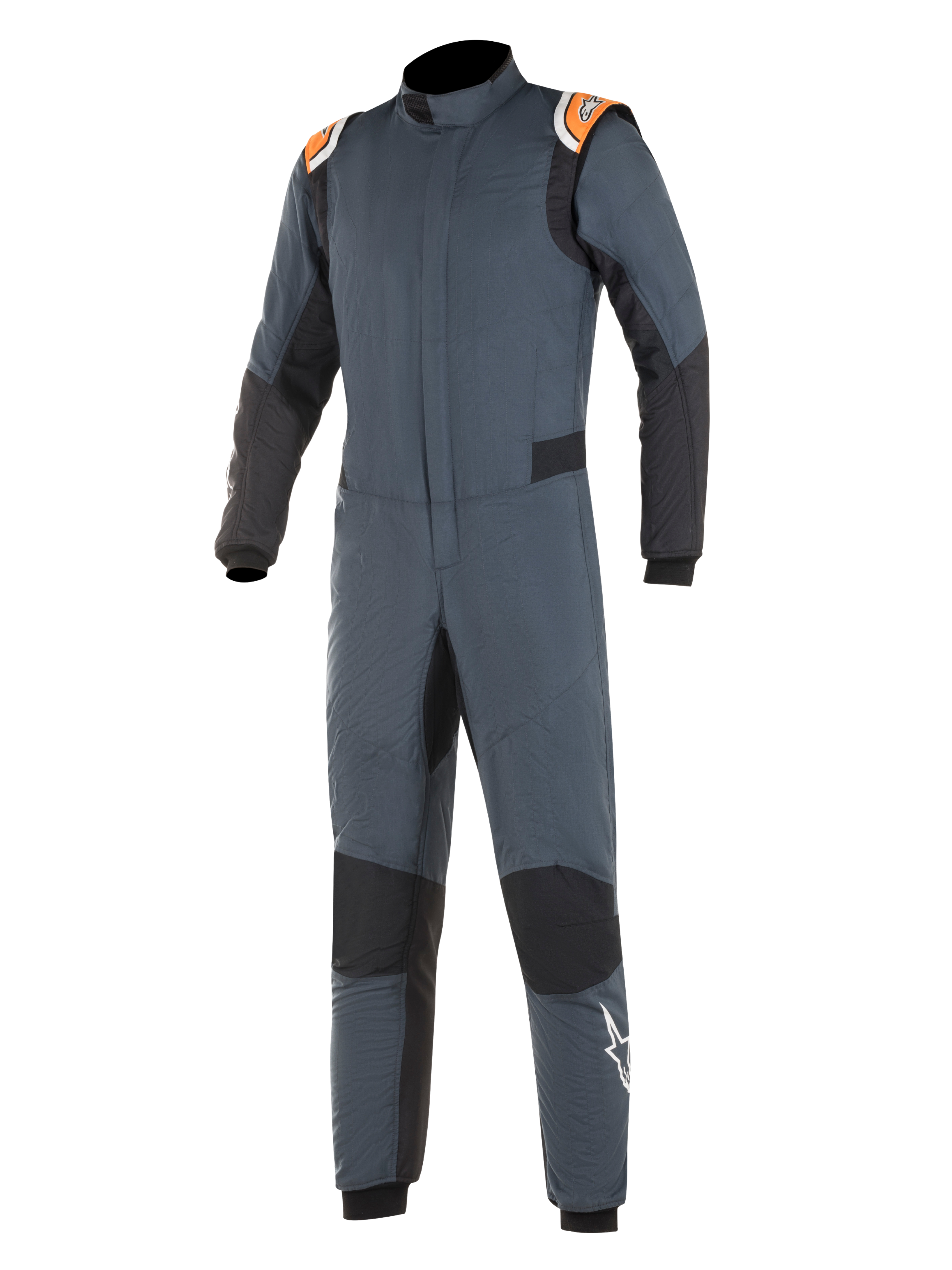 Alpinestars Hypertech Suit, tuta da corsa auto, grigio asfalto e nero con accenti arancione fluo, pannelli elasticizzati neri, spalline arancioni con marchio, logo a stella bianco sulla gamba, costruzione professionale ignifuga a due strati per prestazioni negli sport motoristici
