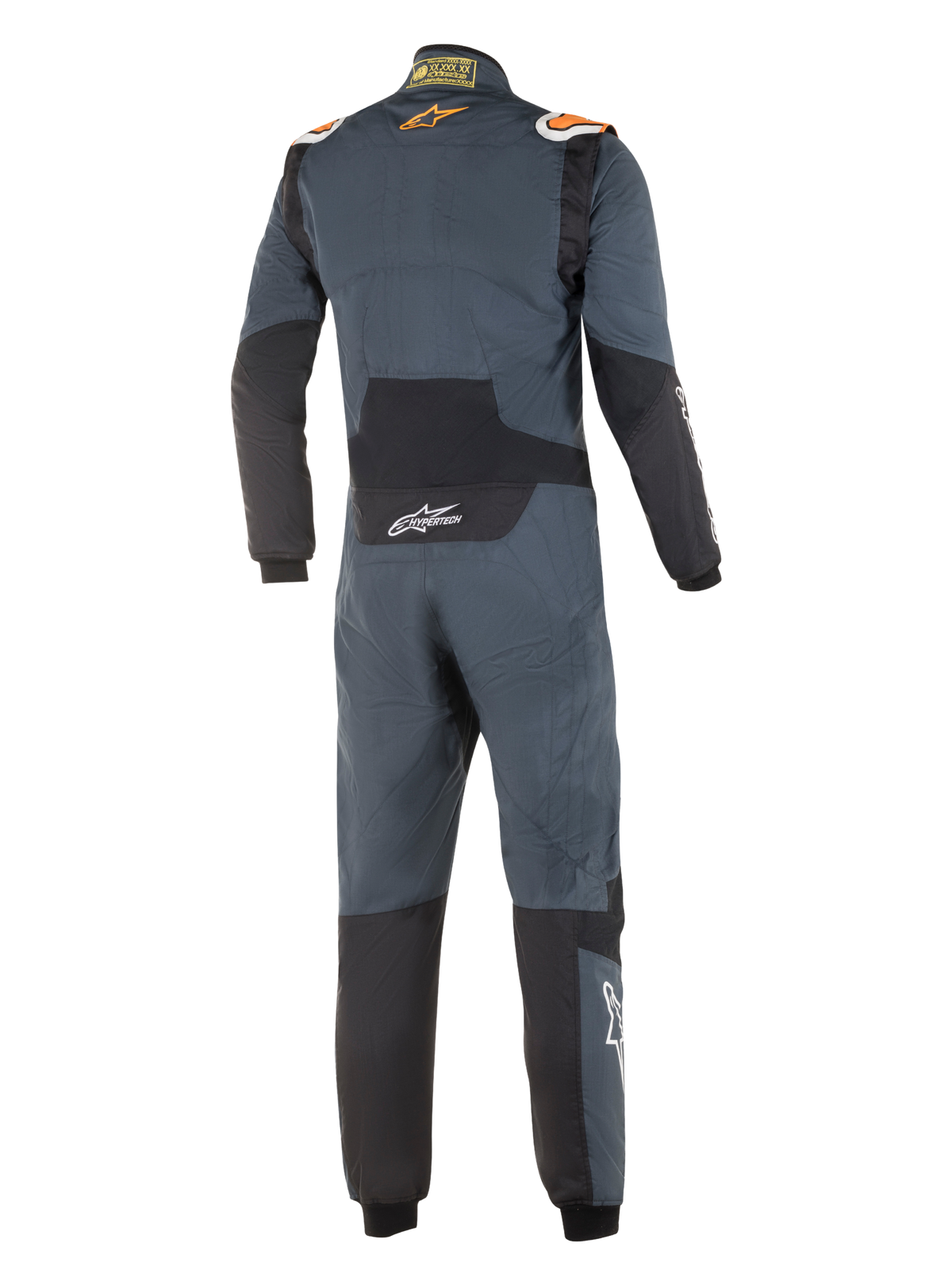 Tuta Alpinestars Hypertech, tuta da corsa professionale, Grigio Asfalto e Arancione Fluo, vista posteriore, con pannelli elasticizzati neri sulla zona lombare e sui gomiti, loghi Alpinestars arancioni sulle spalle e branding Hypertech bianco, design aerodinamico certificato FIA.