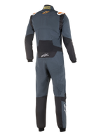 Tuta Alpinestars Hypertech, tuta da corsa professionale, Grigio Asfalto e Arancione Fluo, vista posteriore, con pannelli elasticizzati neri sulla zona lombare e sui gomiti, loghi Alpinestars arancioni sulle spalle e branding Hypertech bianco, design aerodinamico certificato FIA.