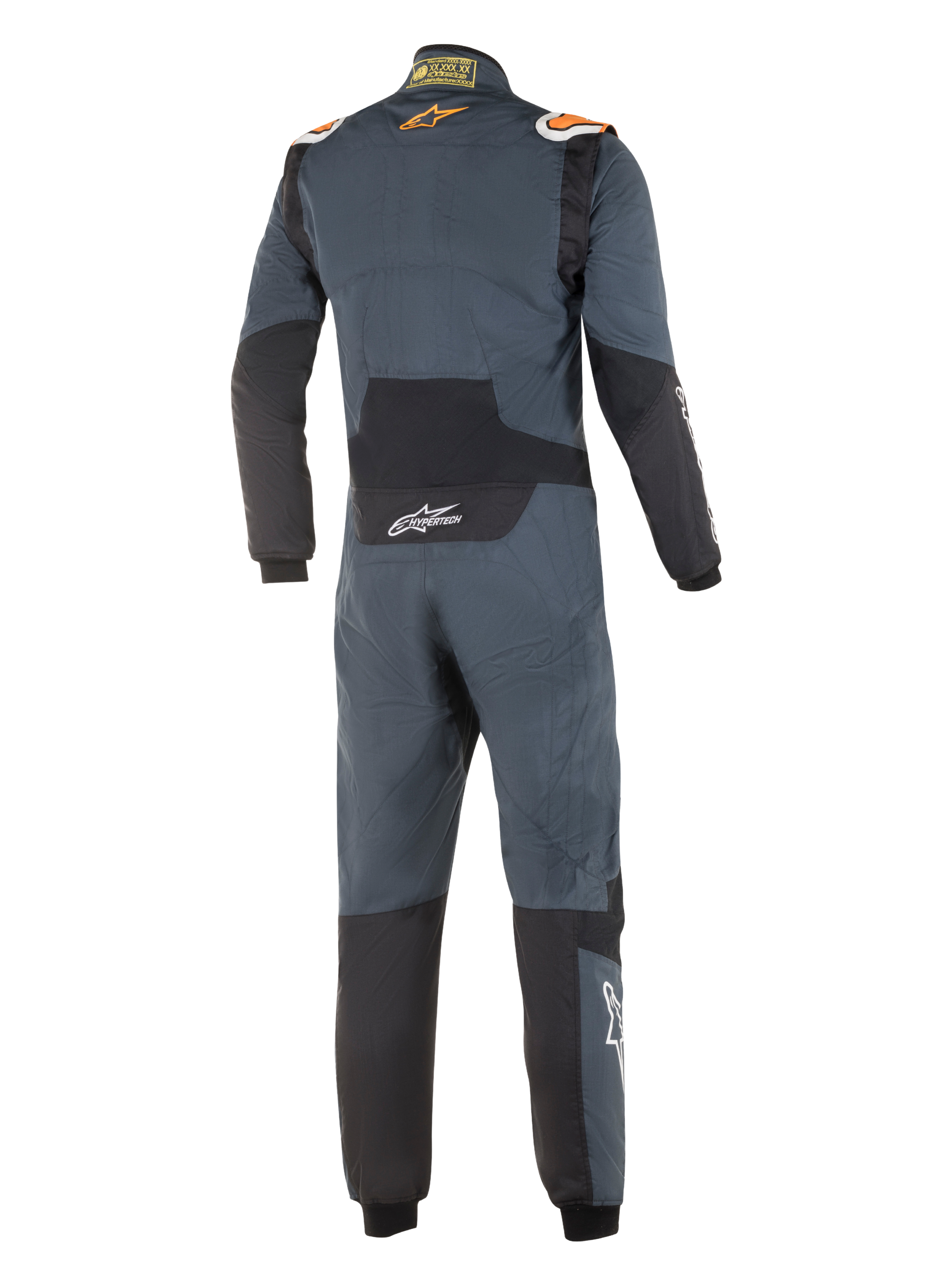 Tuta Alpinestars Hypertech, tuta da corsa professionale, Grigio Asfalto e Arancione Fluo, vista posteriore, con pannelli elasticizzati neri sulla zona lombare e sui gomiti, loghi Alpinestars arancioni sulle spalle e branding Hypertech bianco, design aerodinamico certificato FIA.